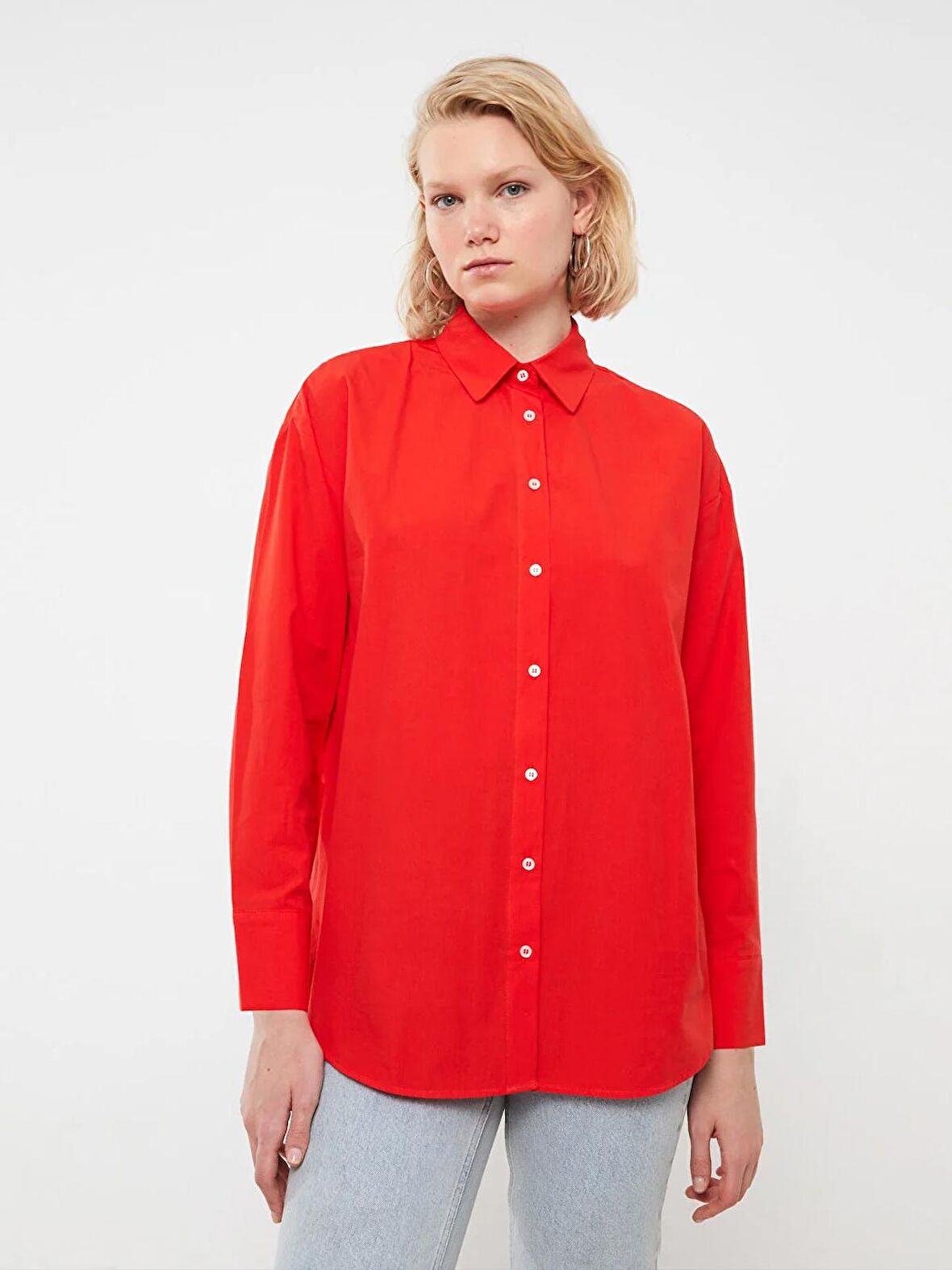 Düz Uzun Kollu Oversize Poplin Kadın Gömlek Tunik