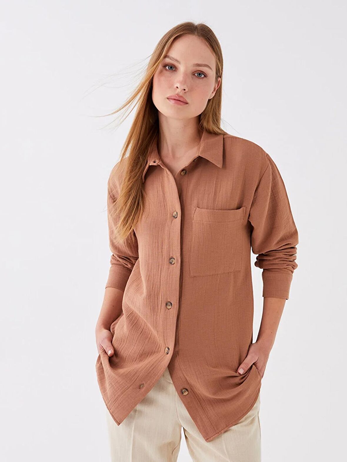 Düz Uzun Kollu Oversize Müslin Kadın Gömlek Tunik