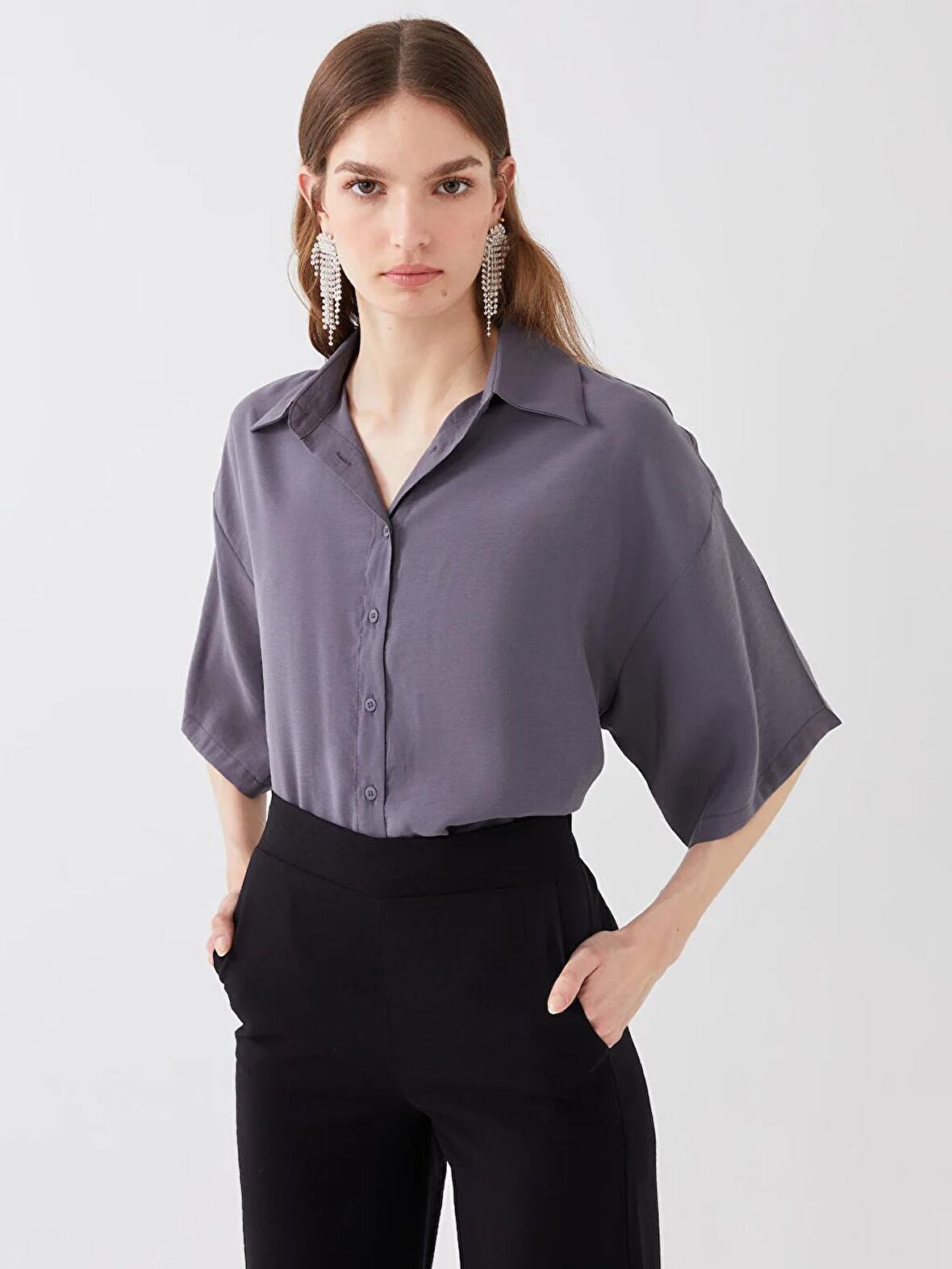 Düz Kısa Kollu Oversize Kadın Gömlek