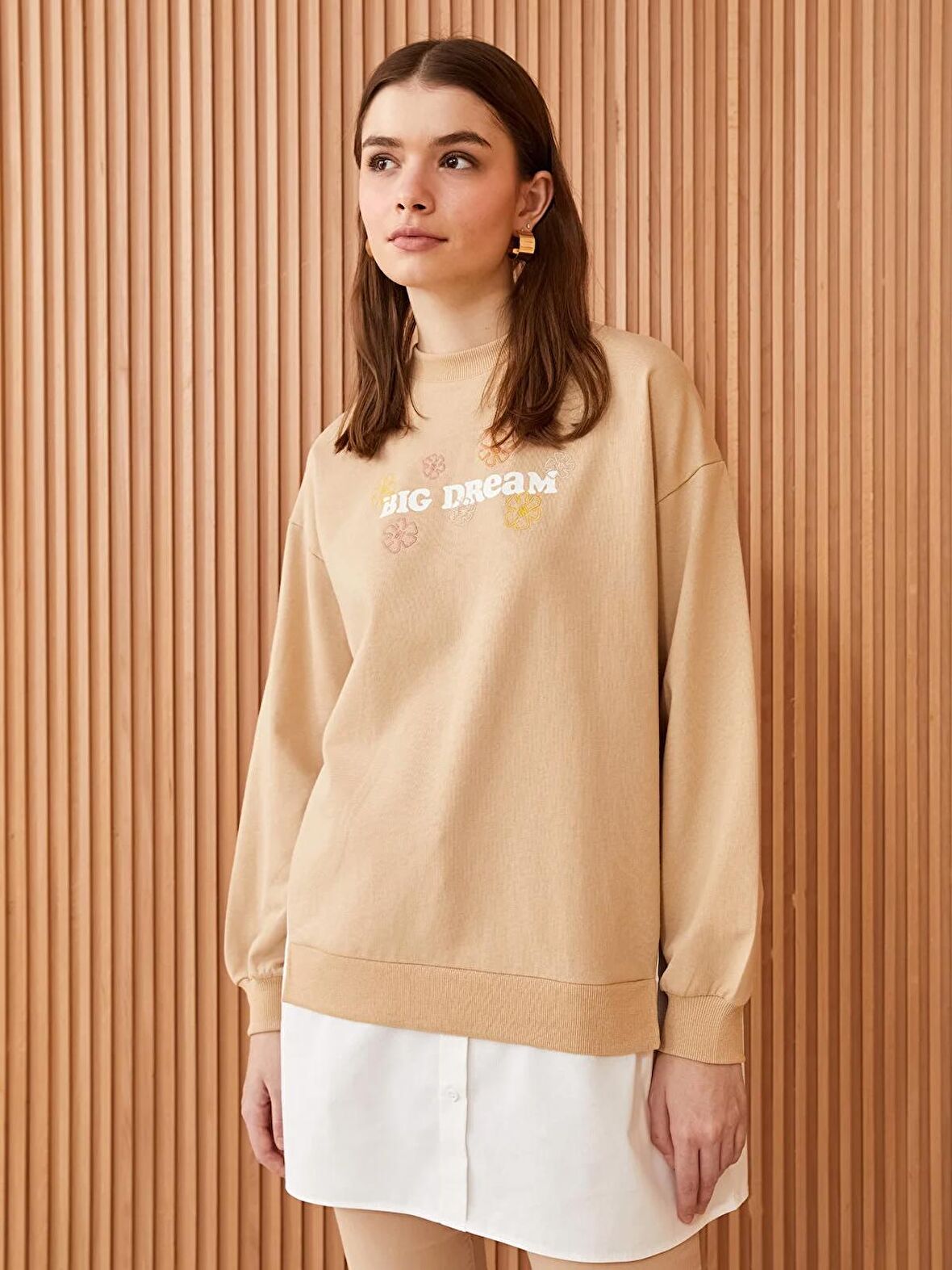 Bisiklet Yaka Baskılı Uzun Kollu Oversize Kadın Sweatshirt Tunik