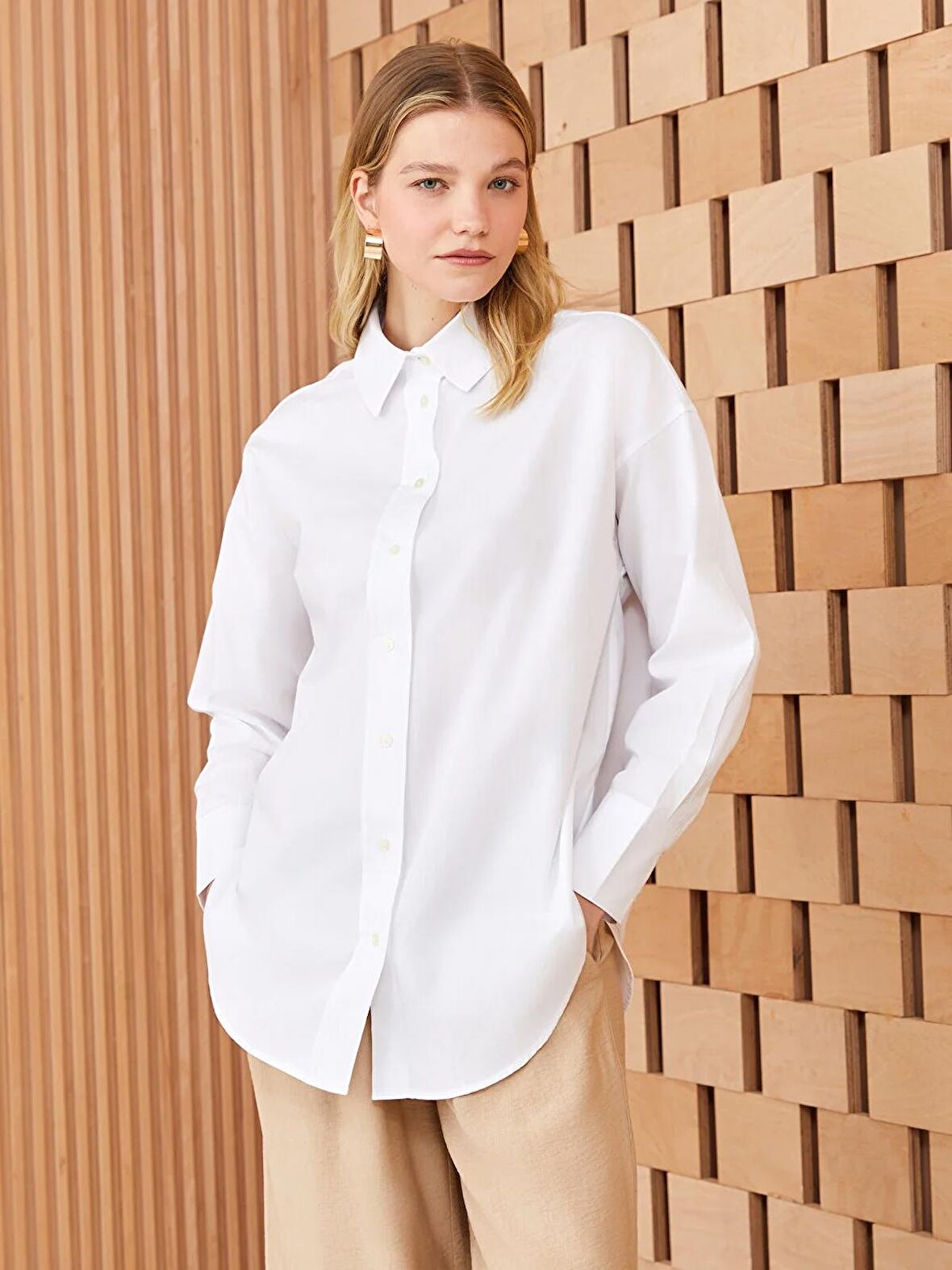 Düz Uzun Kollu Oversize Poplin Kadın Gömlek Tunik