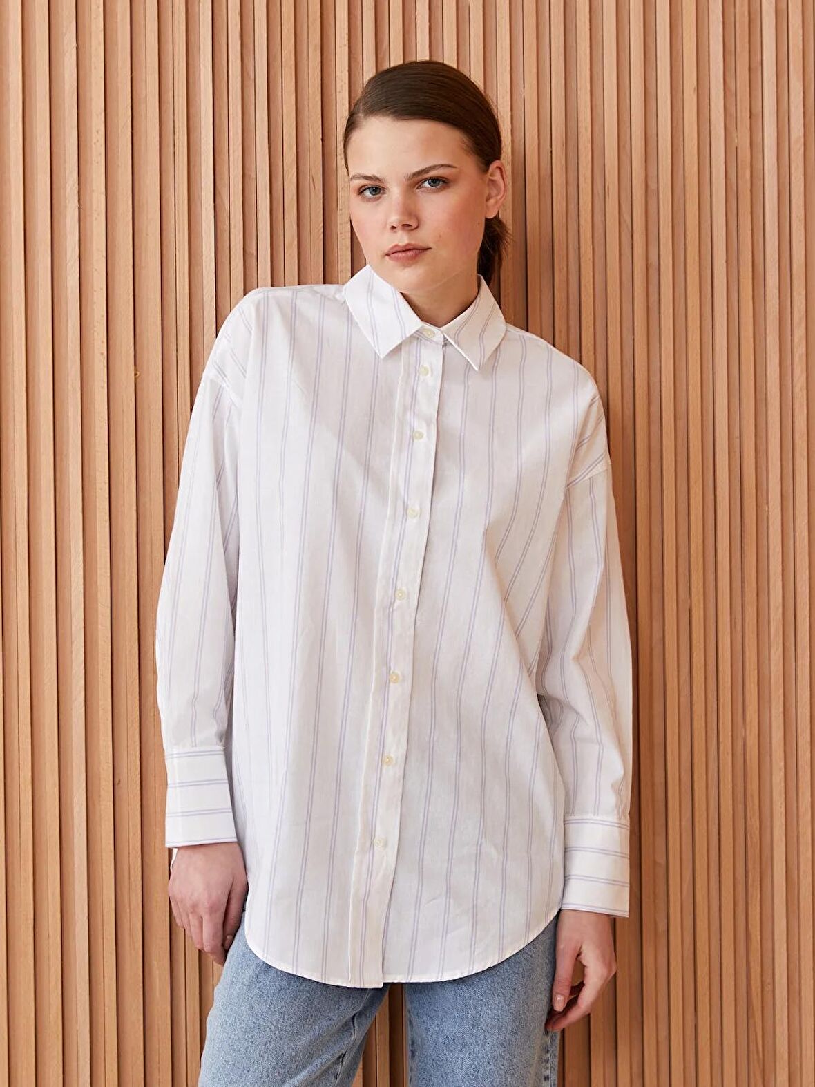 Çizgili Uzun Kollu Oversize Poplin Kadın Gömlek Tunik