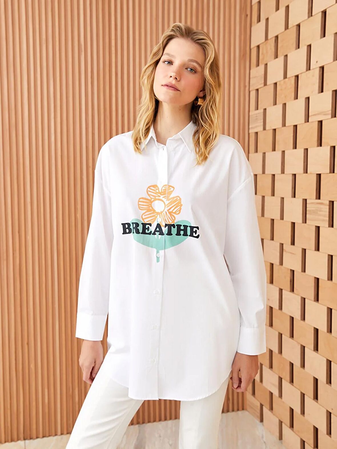 Baskılı Uzun Kollu Oversize Poplin Kadın Gömlek Tunik