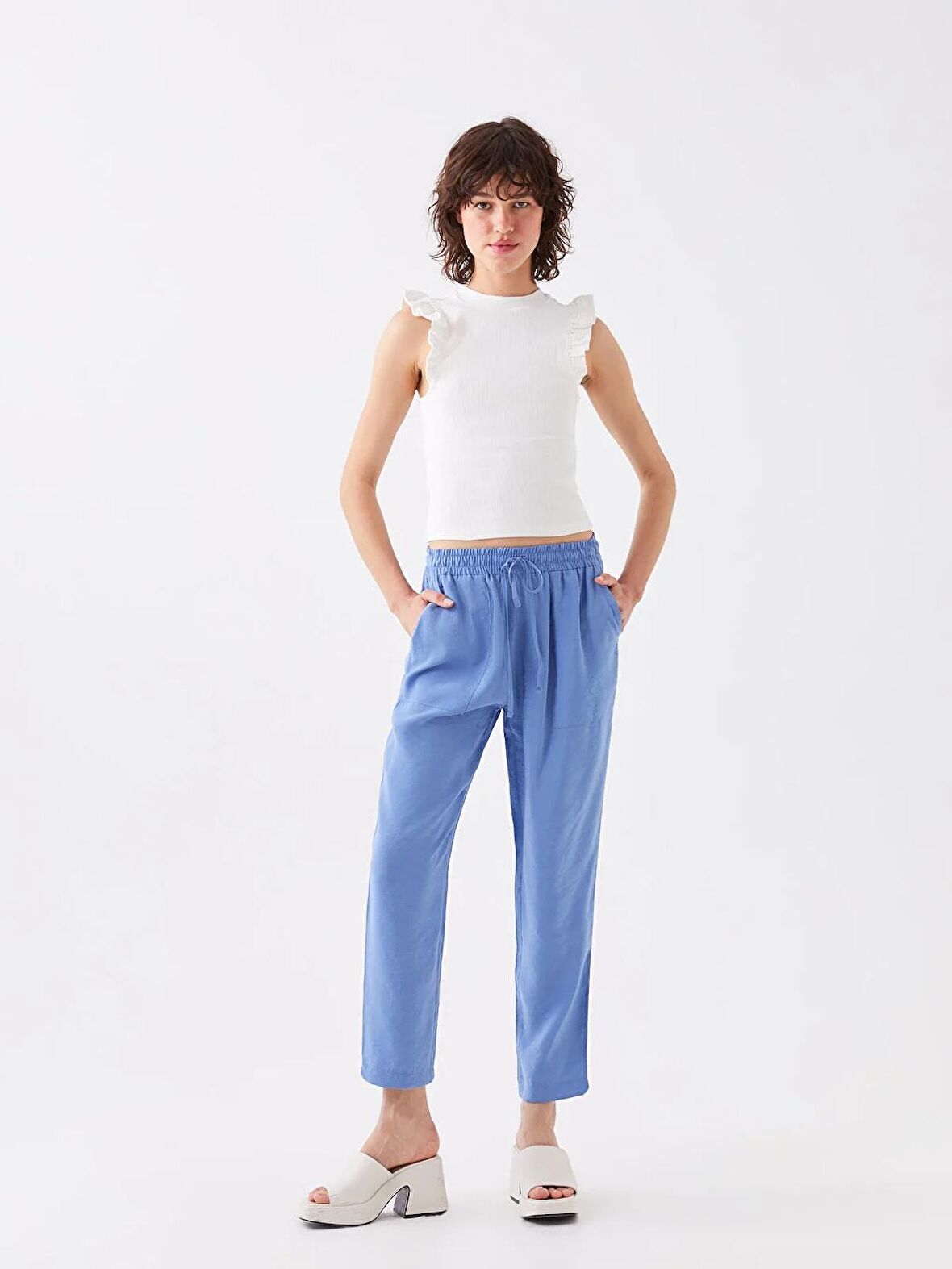 Kadın Beli Lastikli Standart Fit Düz Pantolon