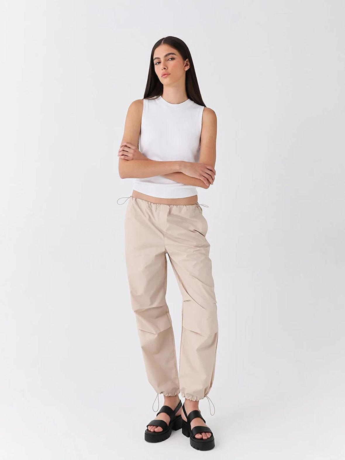 Kadın Beli Lastikli Düz Paraşüt Pantolon