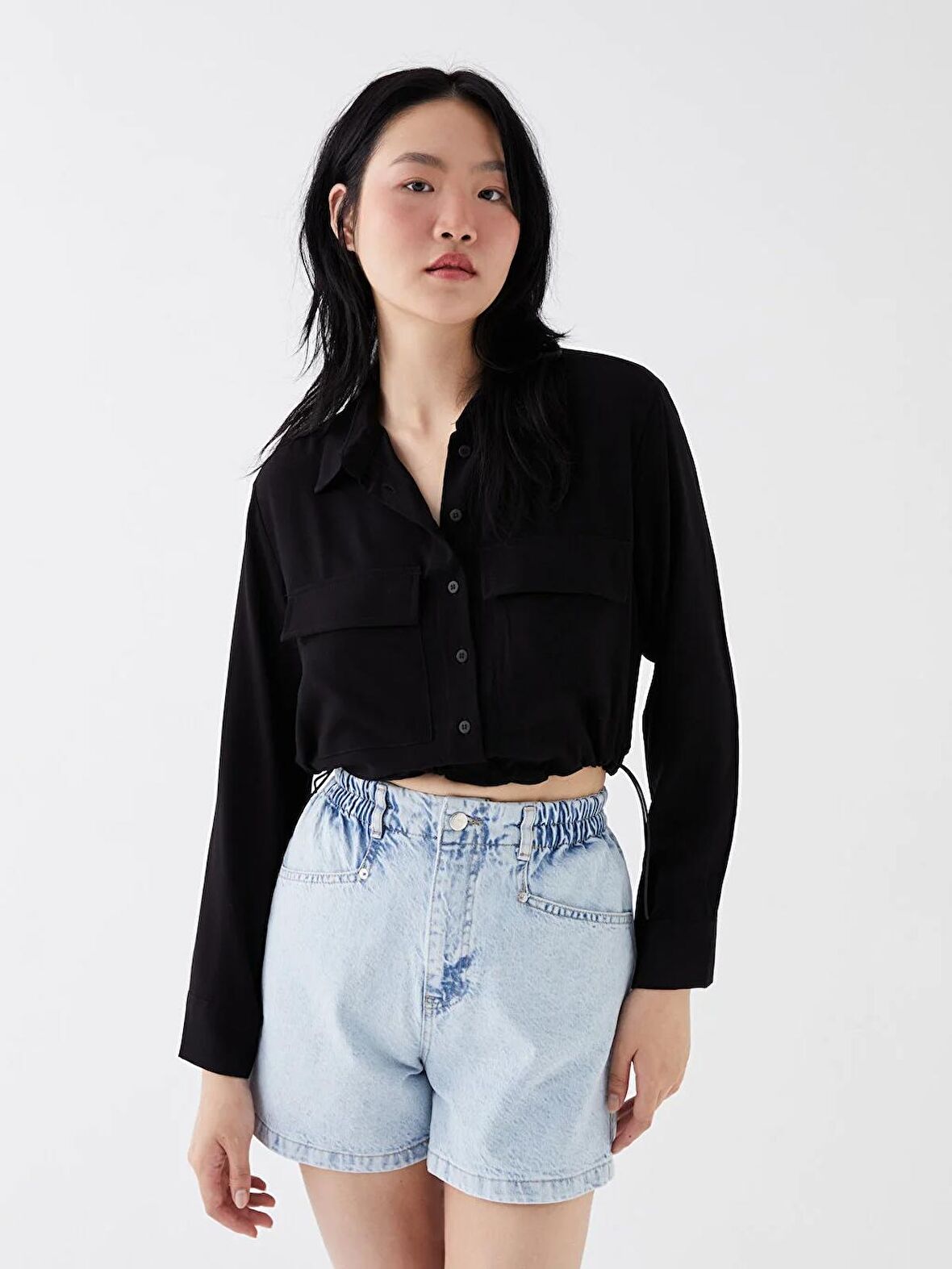 Düz Uzun Kollu Crop Poplin Kadın Gömlek