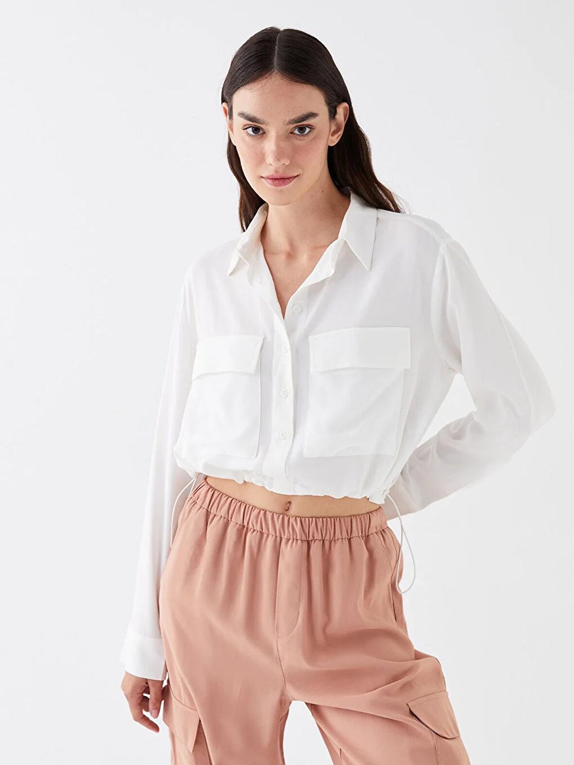 Düz Uzun Kollu Crop Poplin Kadın Gömlek