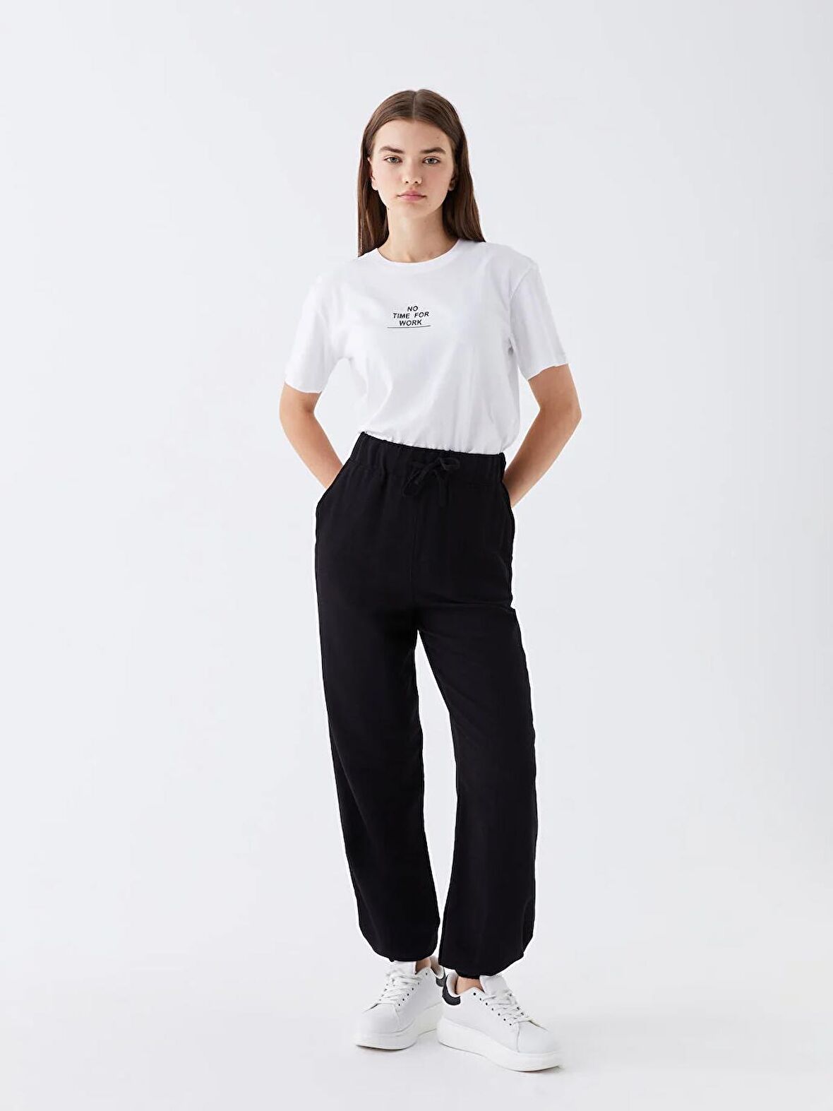 Beli Lastikli Düz Keten Karışımlı Kadın Jogger Pantolon