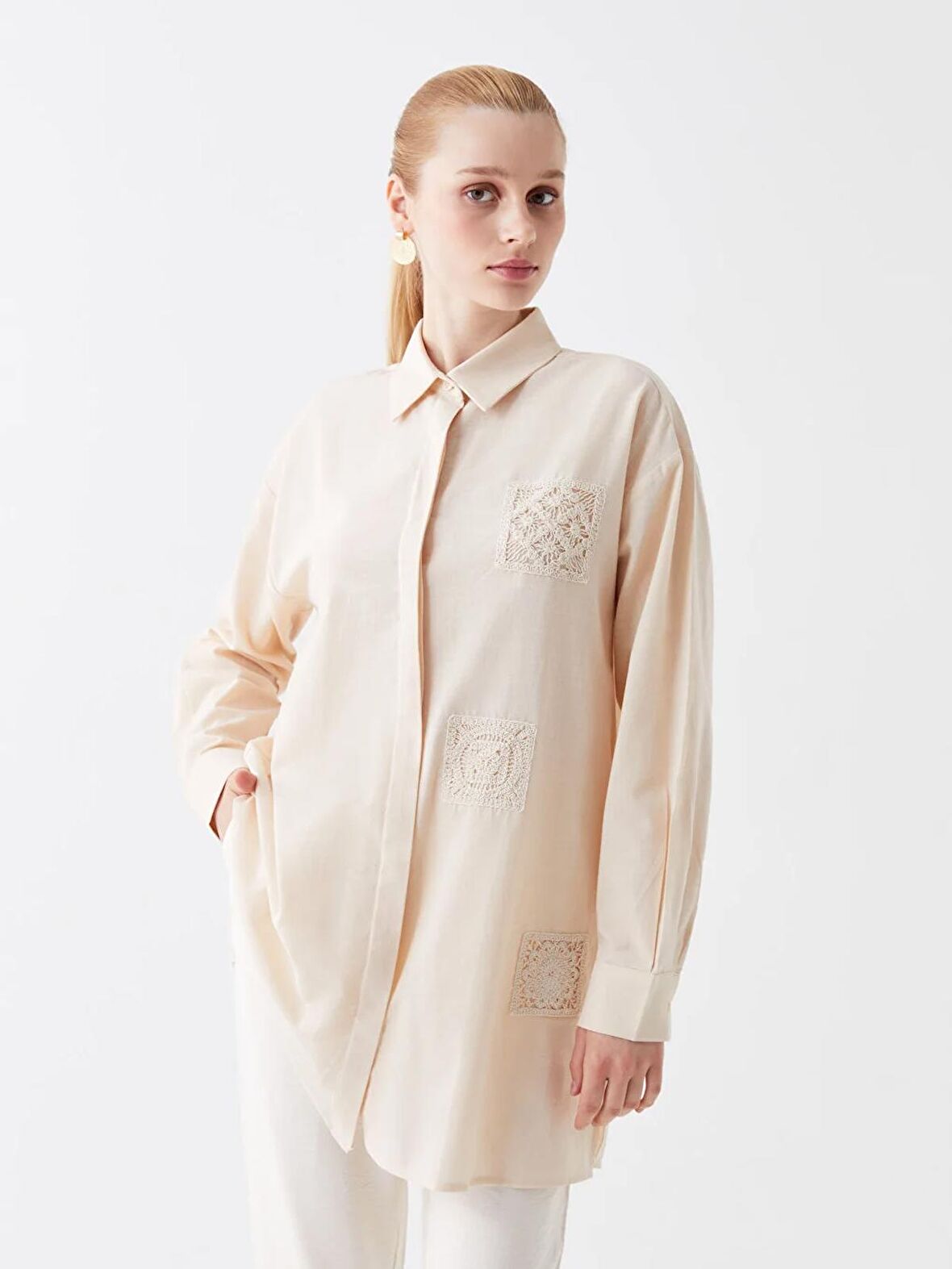 Nakışlı Uzun Kollu Oversize Kadın Gömlek Tunik