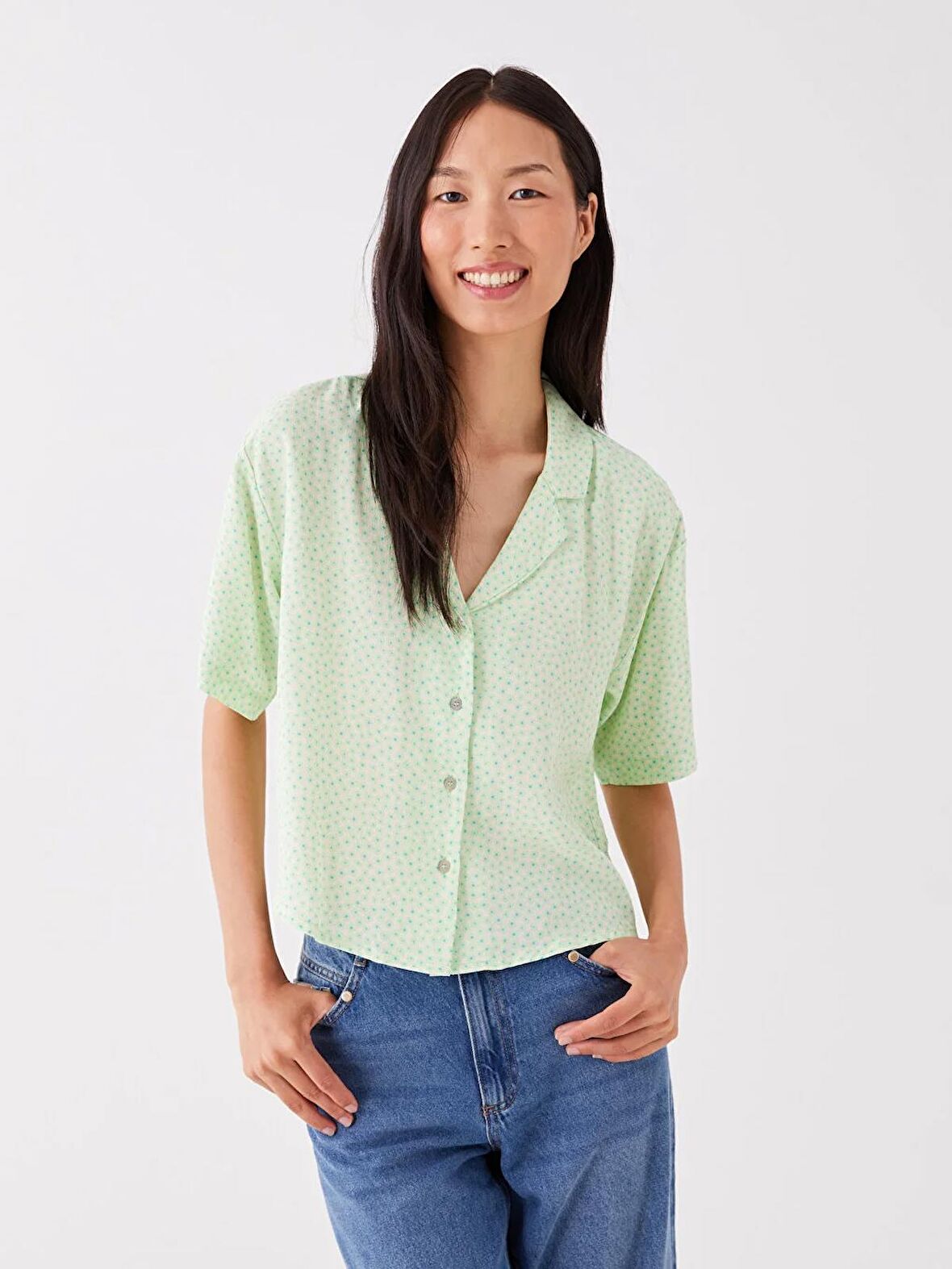 Desenli Kısa Kollu Poplin Kadın Gömlek