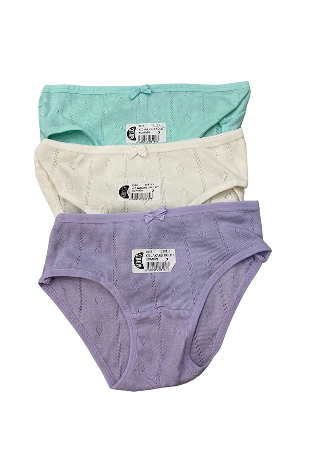 GMŞ Fiyonklu Yeşil, Ekru, Lila Jakarlı 3lü Kız Slip Set 3078-2