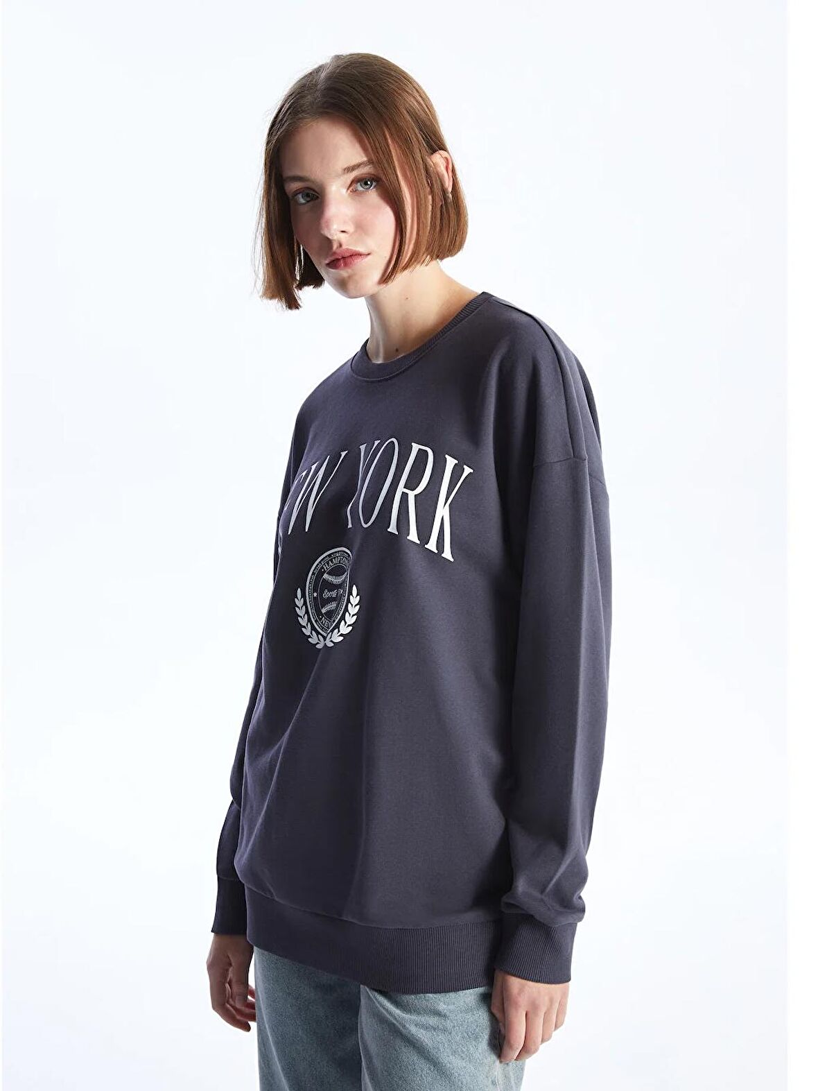 Bisiklet Yaka Baskılı Uzun Kollu Oversize Kadın Sweatshirt