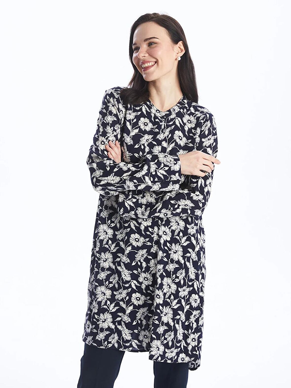 Bisiklet Yaka Desenli Kadın Gömlek Tunik