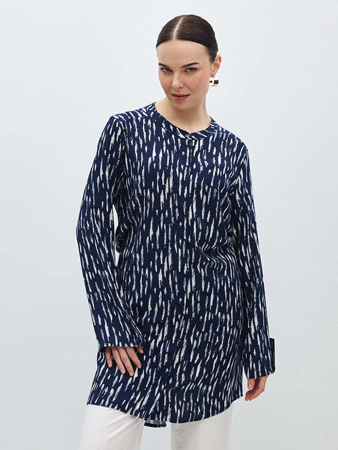 Bisiklet Yaka Desenli Kadın Gömlek Tunik