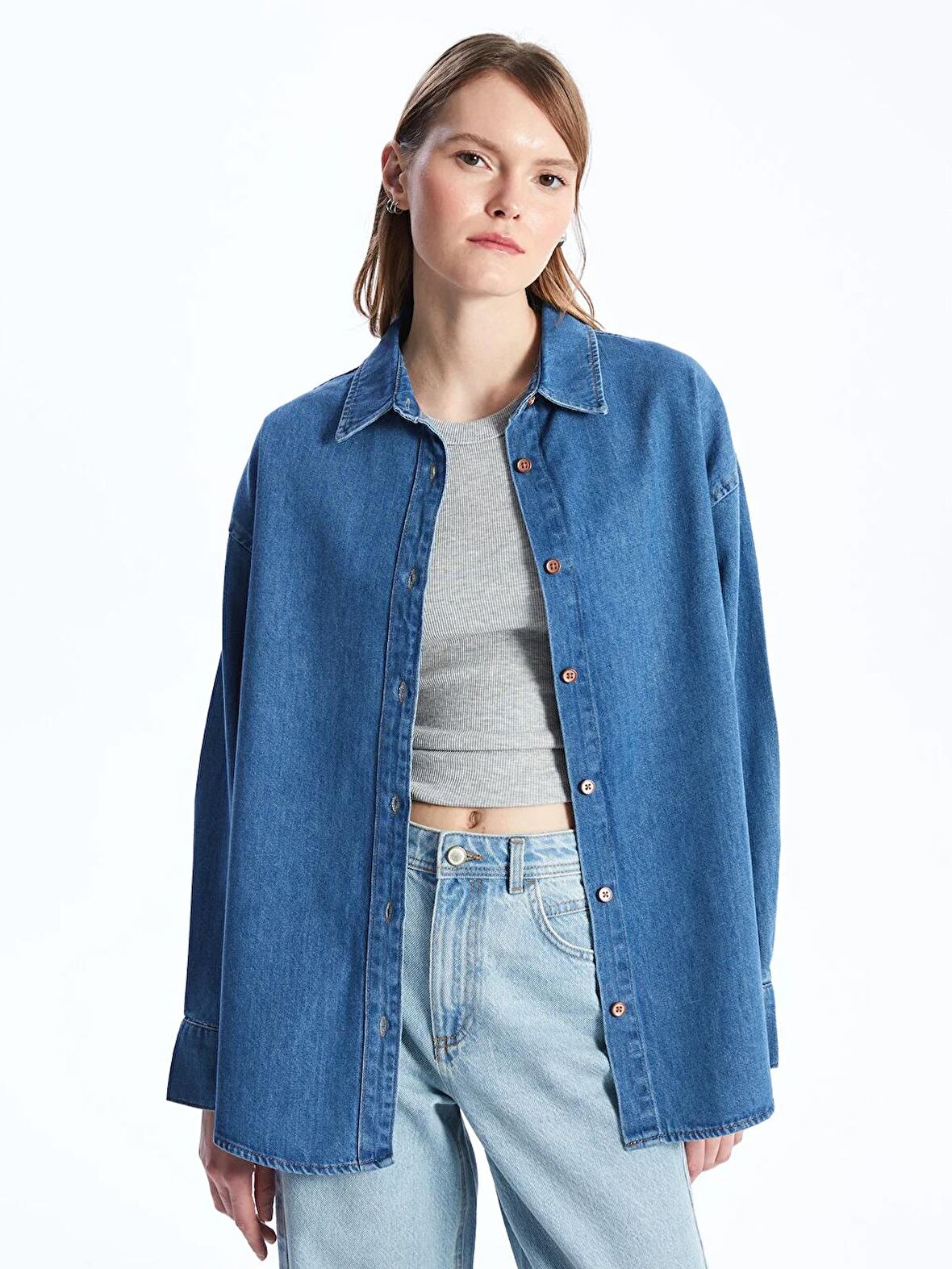 Düz Uzun Kollu Oversize Kadın Jean Gömlek