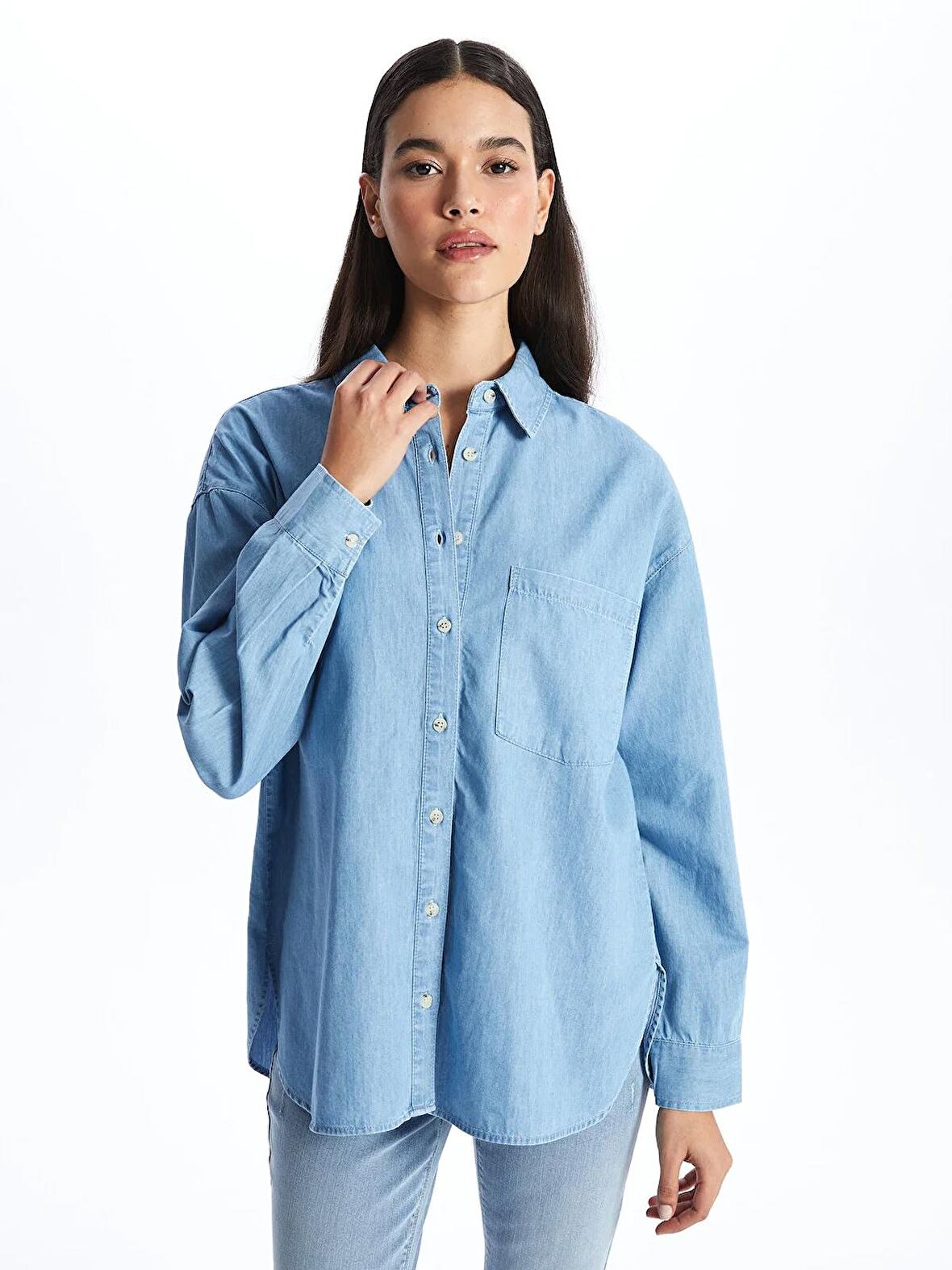 Düz Uzun Kollu Oversize Kadın Jean Gömlek