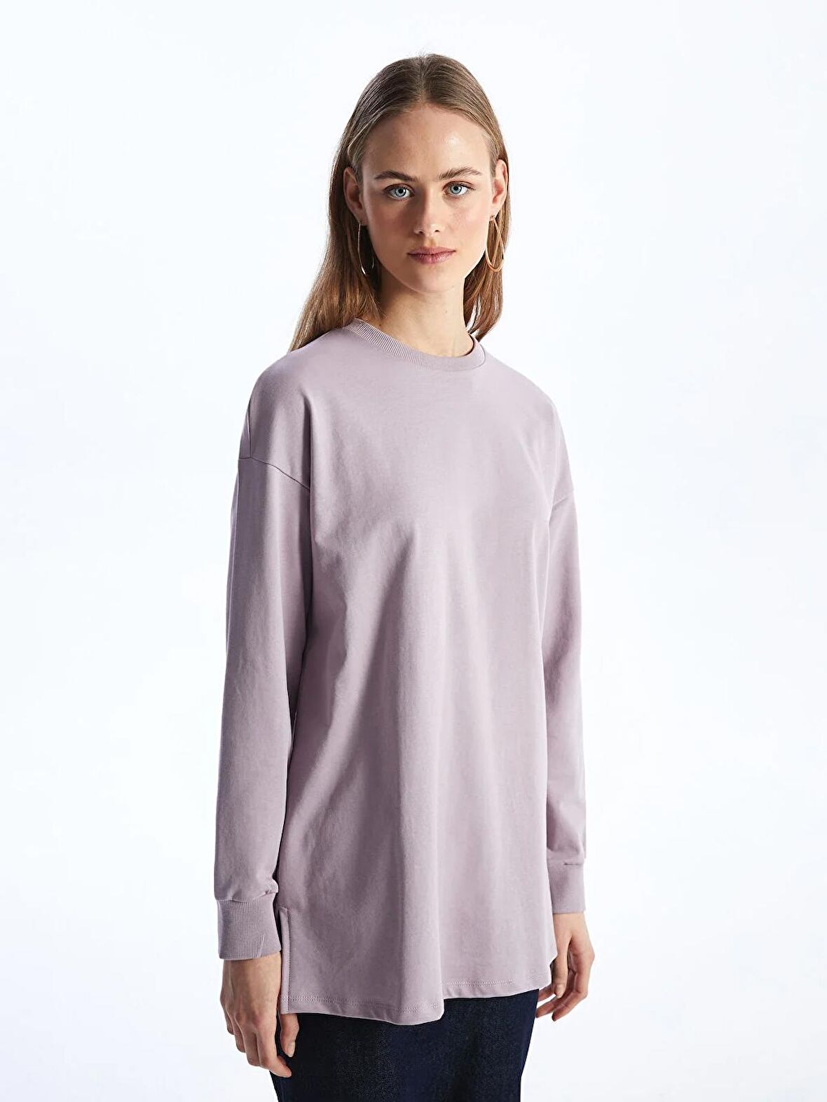 Bisiklet Yaka Düz Oversize Kadın Sweatshirt Tunik