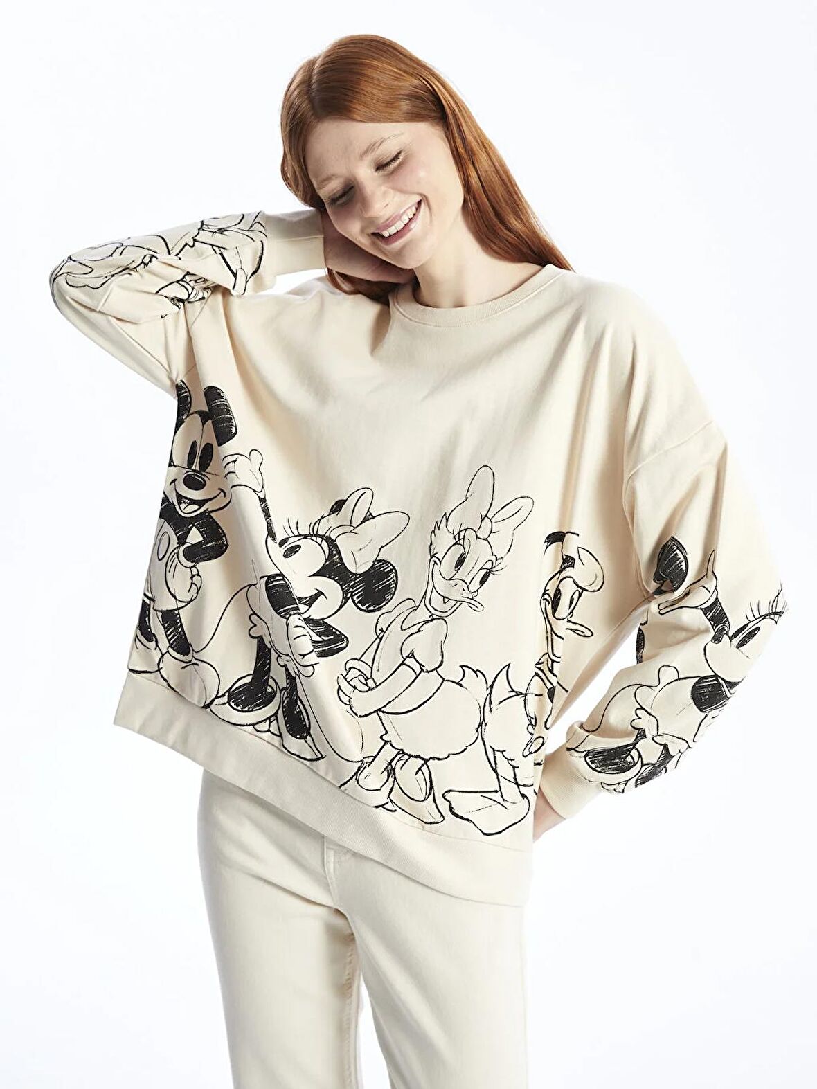 Bisiklet Yaka Mickey Mouse Baskılı Uzun Kollu Oversize Kadın Sweatshirt