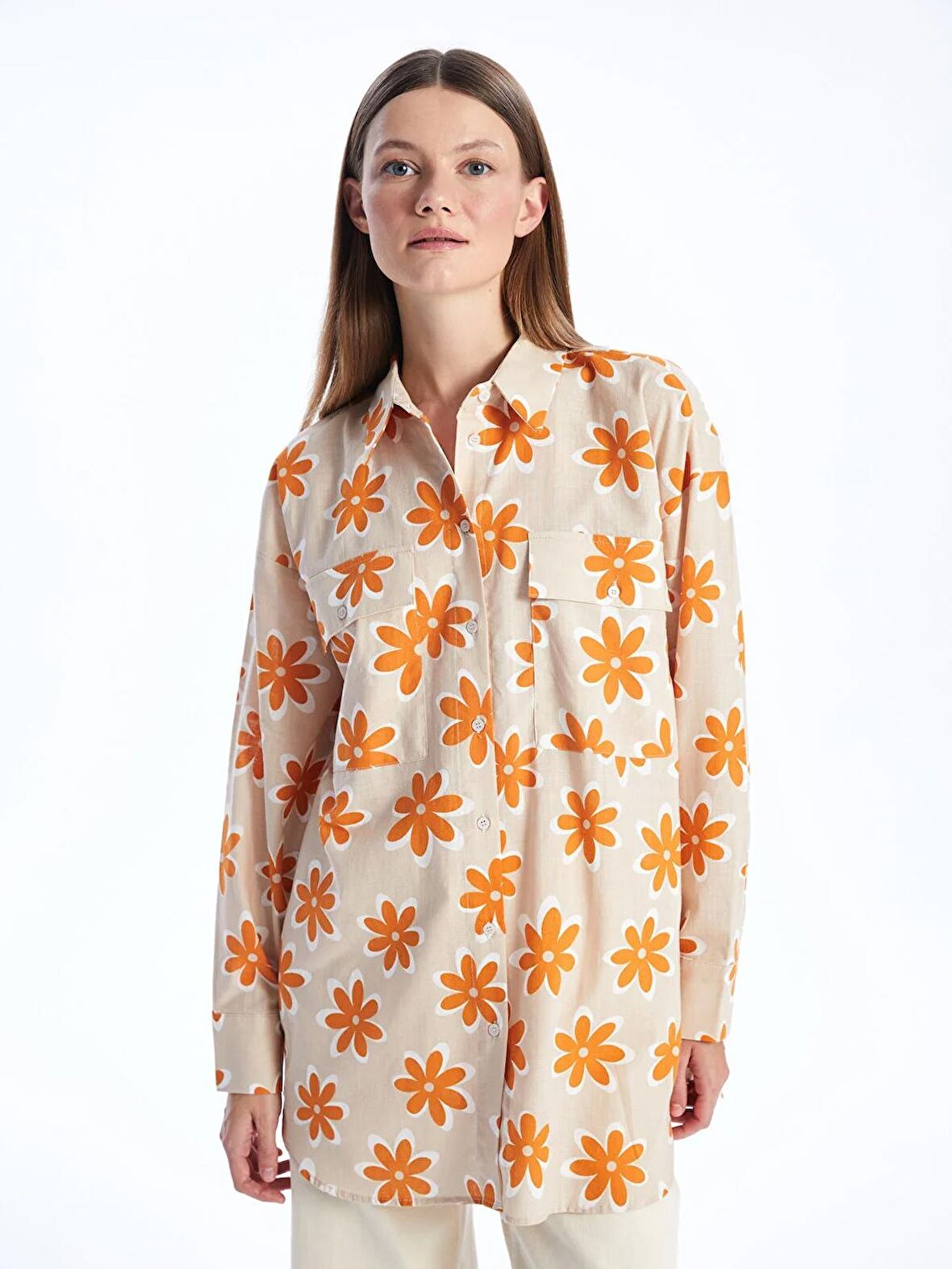 Desenli Uzun Kollu Oversize Kadın Gömlek Tunik