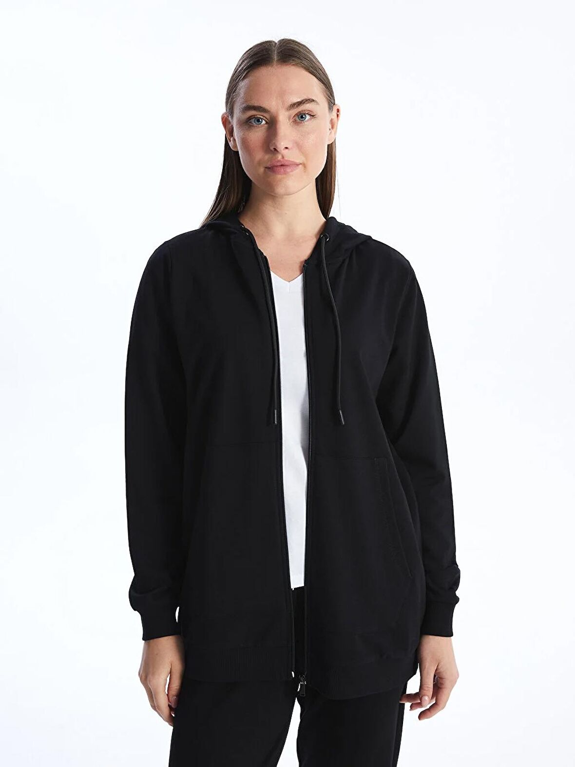 Kapüşonlu Düz Uzun Kollu Kadın Fermuarlı Sweatshirt