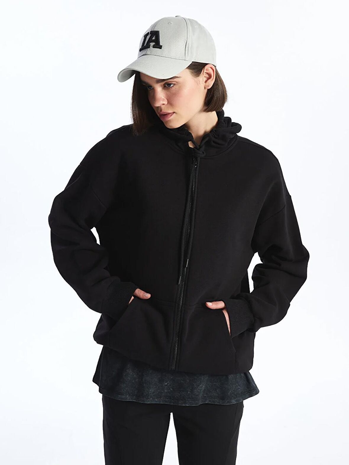 Kapüşonlu Düz Oversize Kadın Fermuarlı Sweatshirt