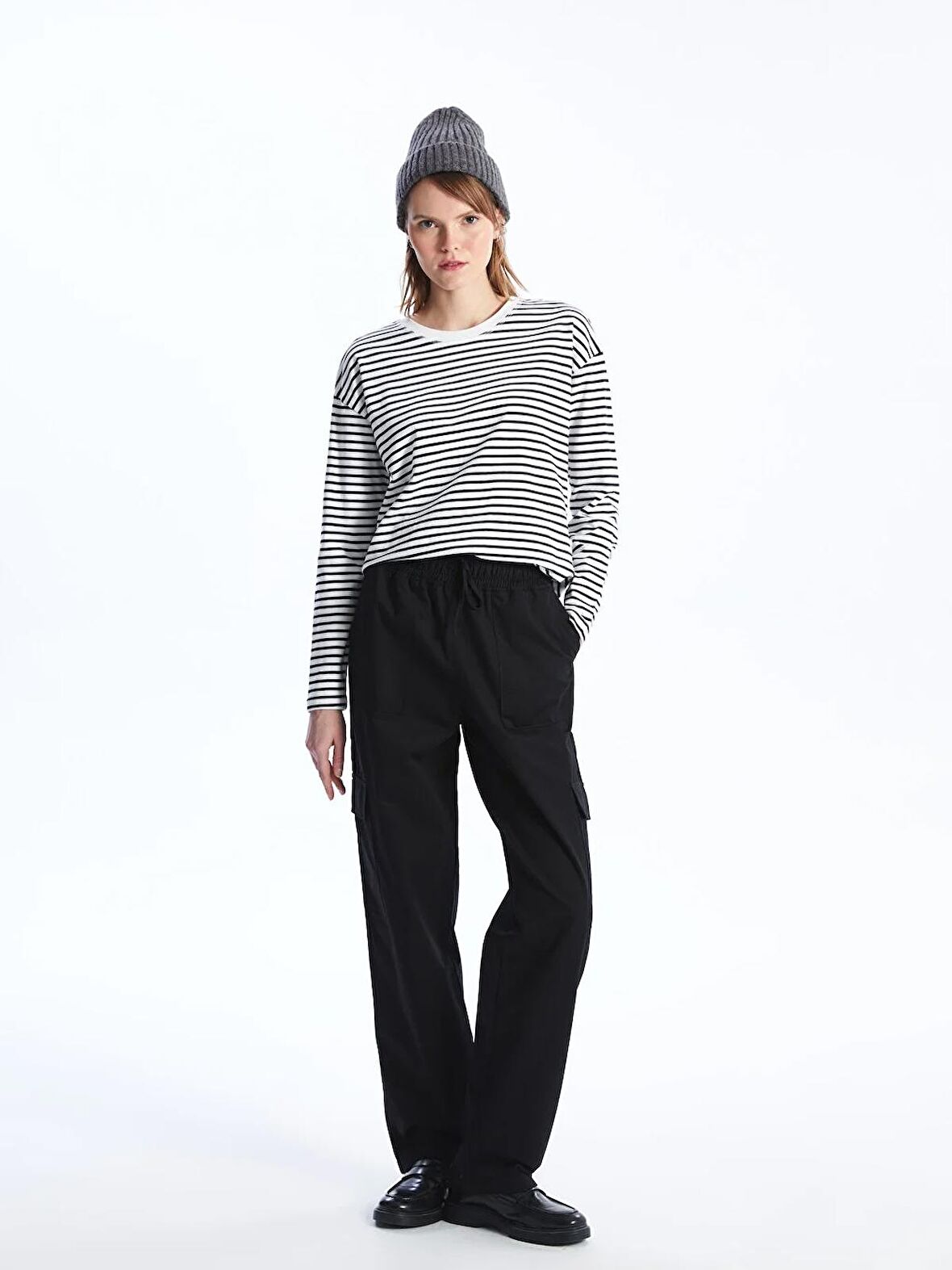 Beli Lastikli Düz Gabardin Kadın Kargo Pantolon