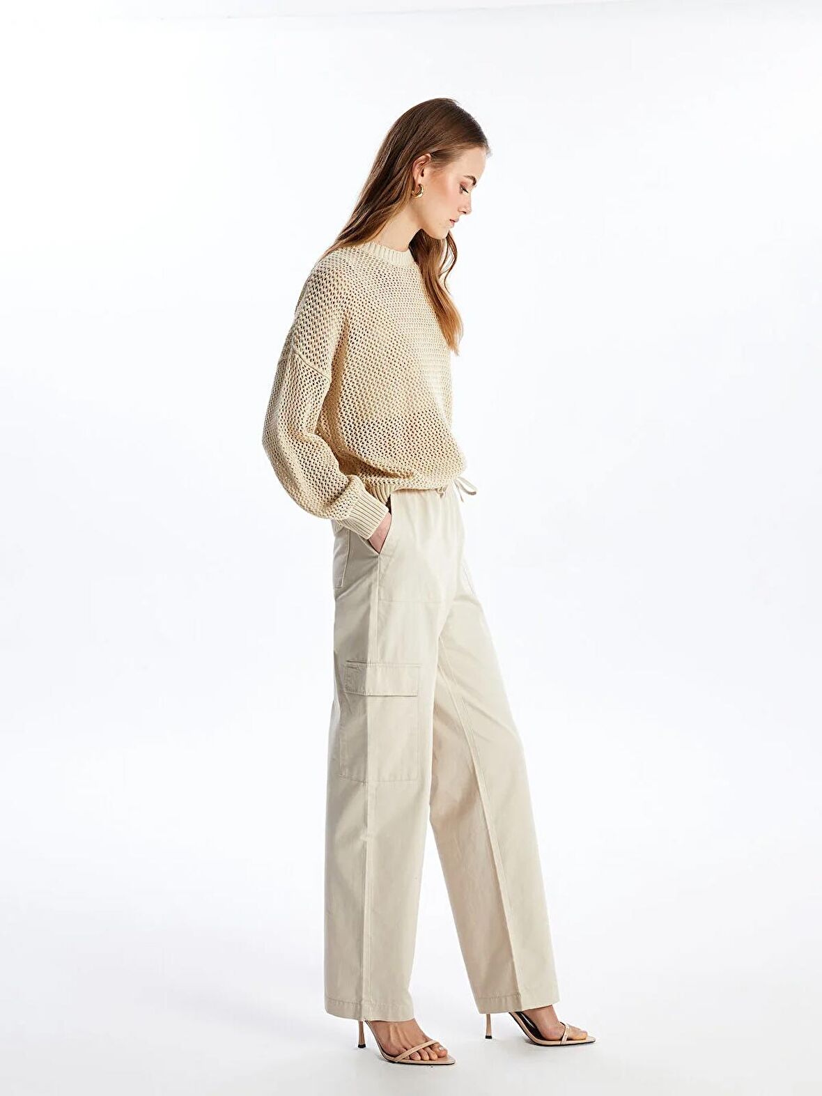 Beli Lastikli Düz Gabardin Kadın Kargo Pantolon