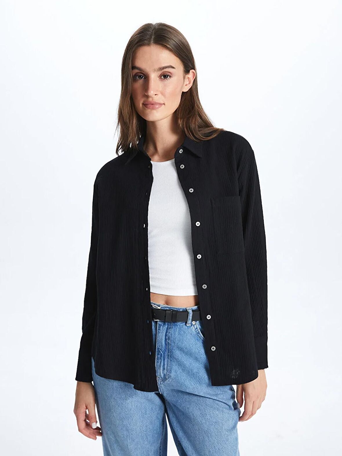 Düz Uzun Kollu Müslin Kadın Gömlek