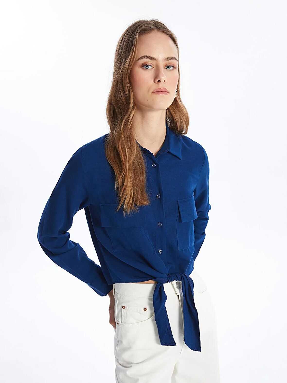 Düz Uzun Kollu Keten Karışımlı Kadın Crop Gömlek