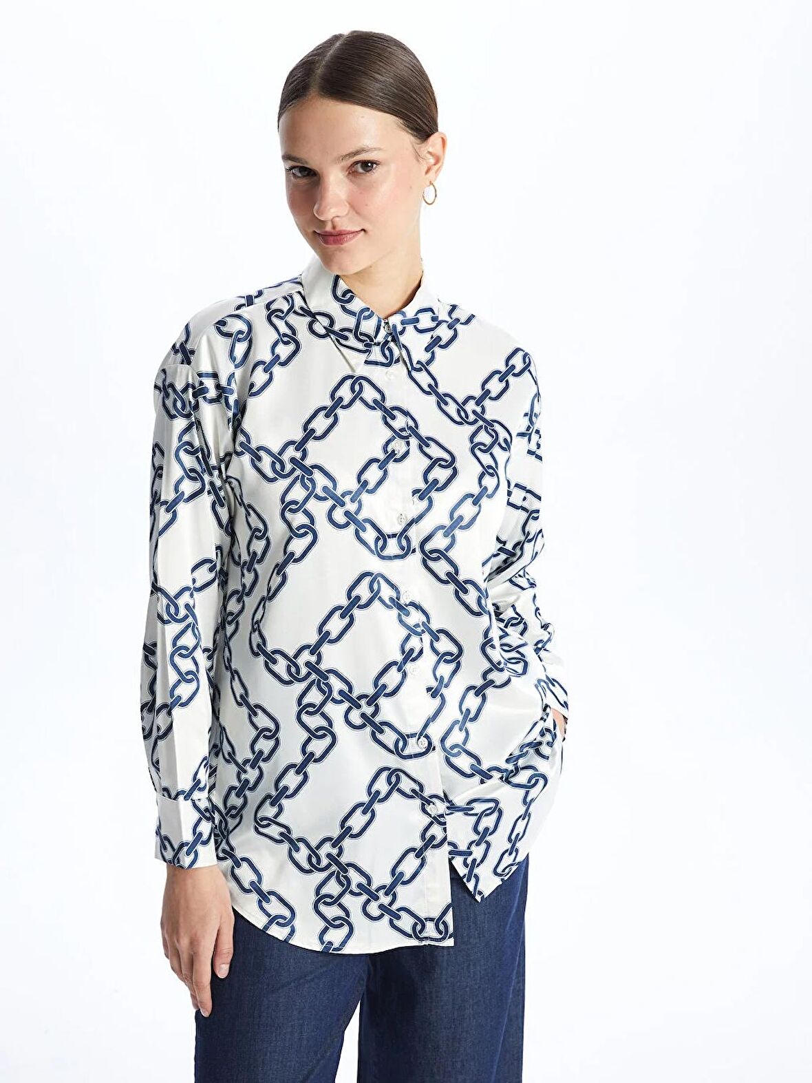 Desenli Uzun Kollu Saten Kadın Gömlek Tunik