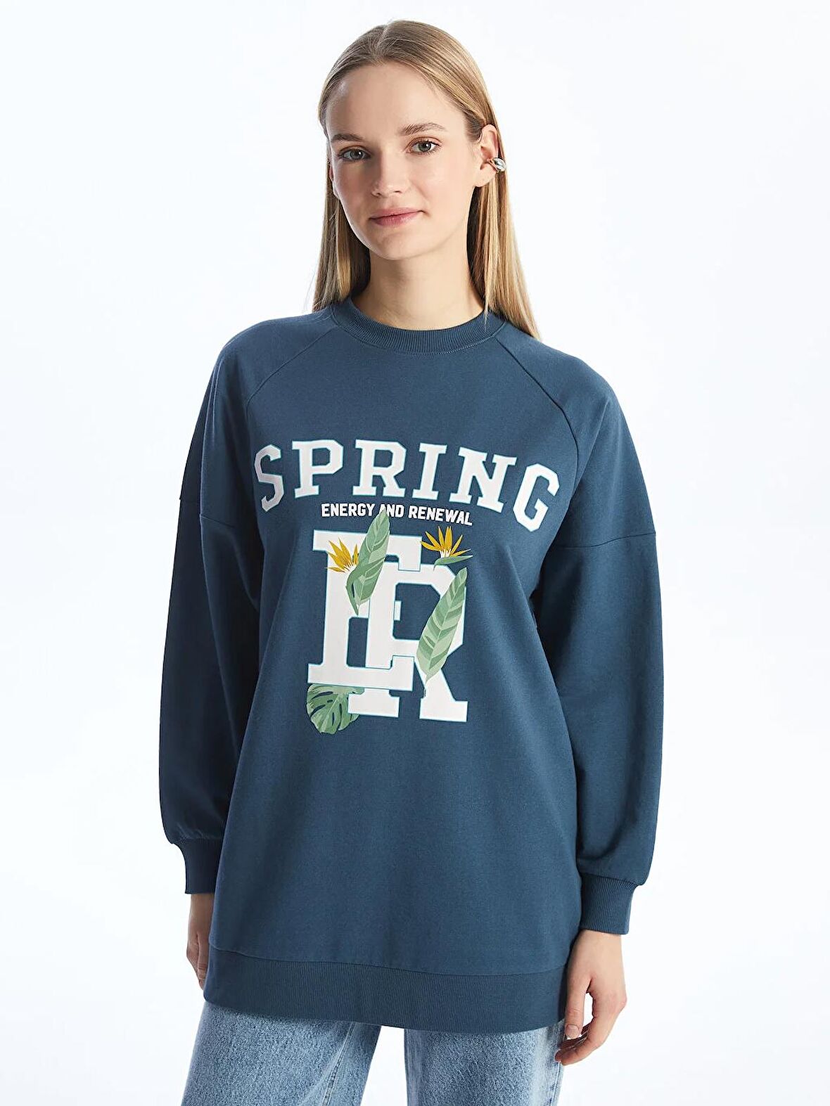 Bisiklet Yaka Baskılı Uzun Kollu Oversize Kadın Sweatshirt Tunik