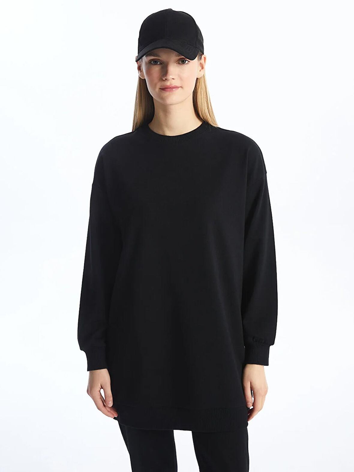 Bisiklet Yaka Düz Uzun Kollu Kadın Sweatshirt Tunik
