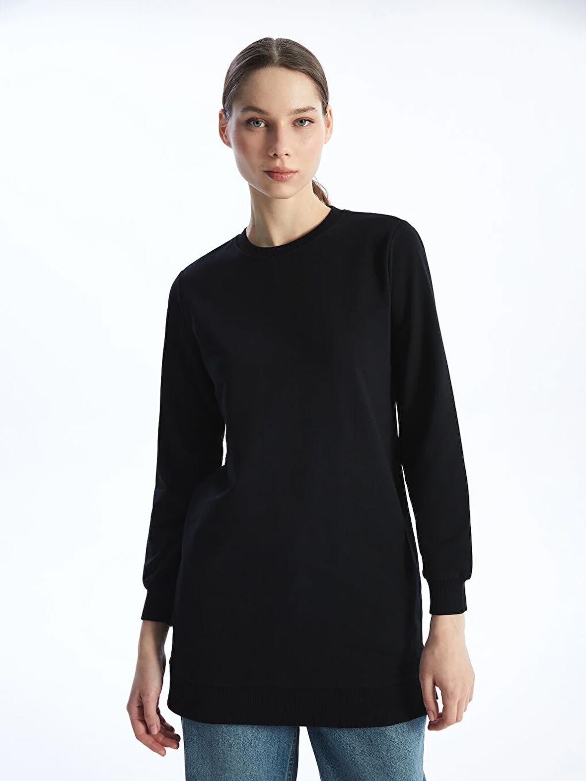 Bisiklet Yaka Düz Uzun Kollu Kadın Sweatshirt Tunik