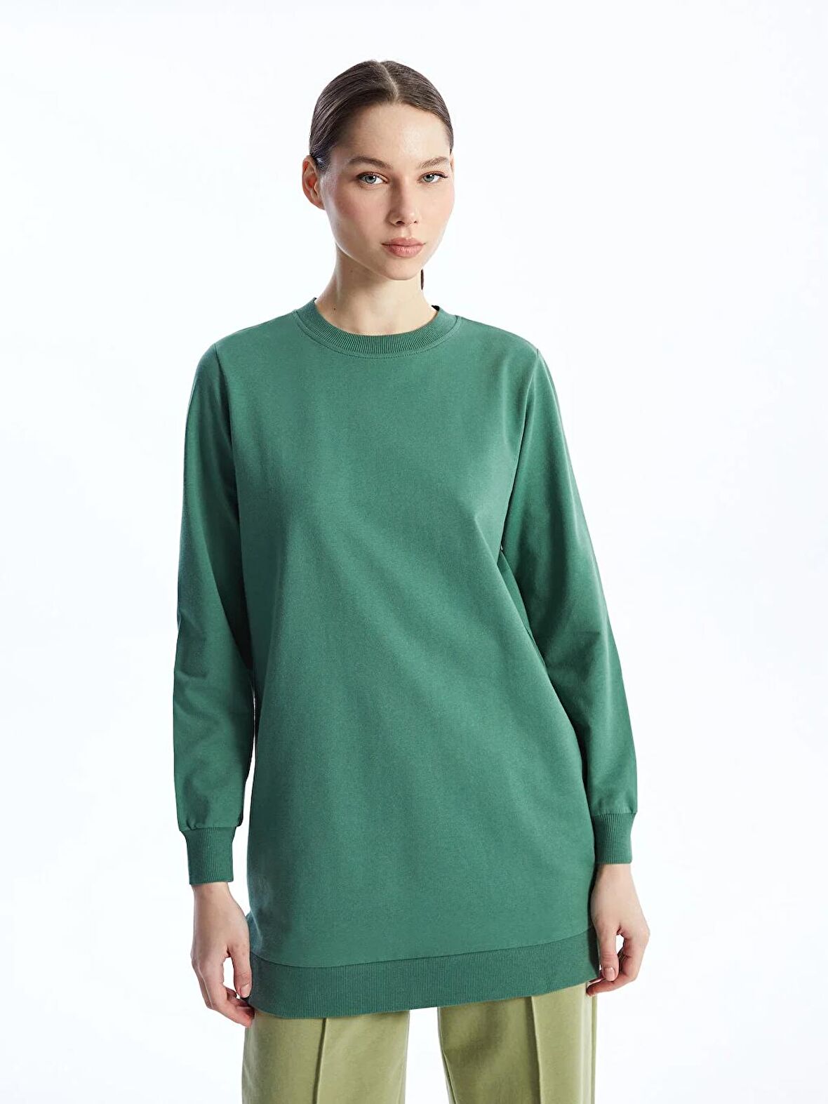 Bisiklet Yaka Düz Uzun Kollu Kadın Sweatshirt Tunik