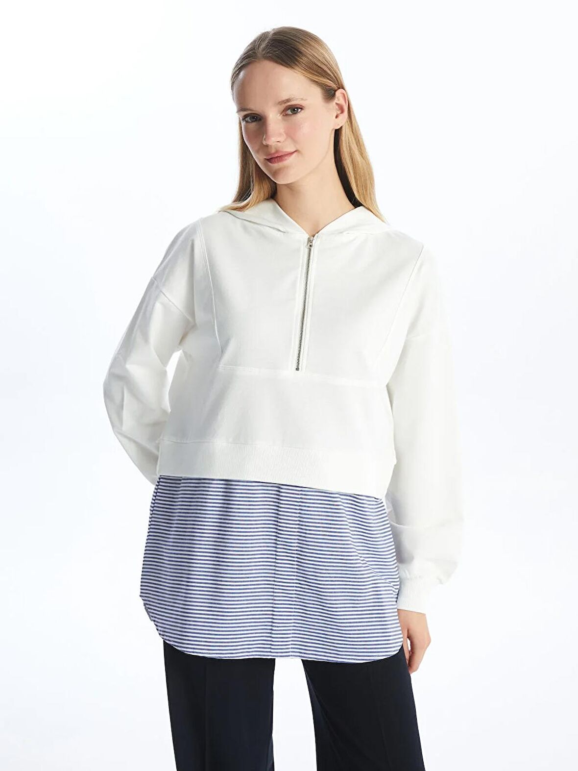 Kapüşonlu Düz Uzun Kollu Oversize Kadın Sweatshirt Tunik