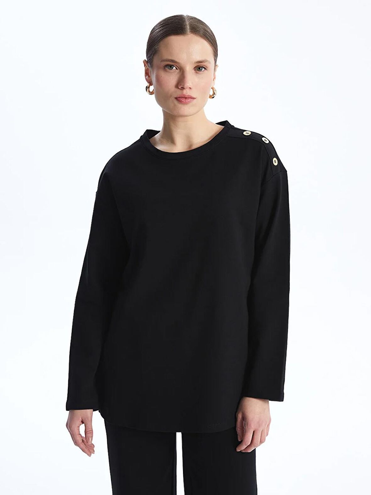 Bisiklet Yaka Düz Uzun Kollu Kadın Sweatshirt