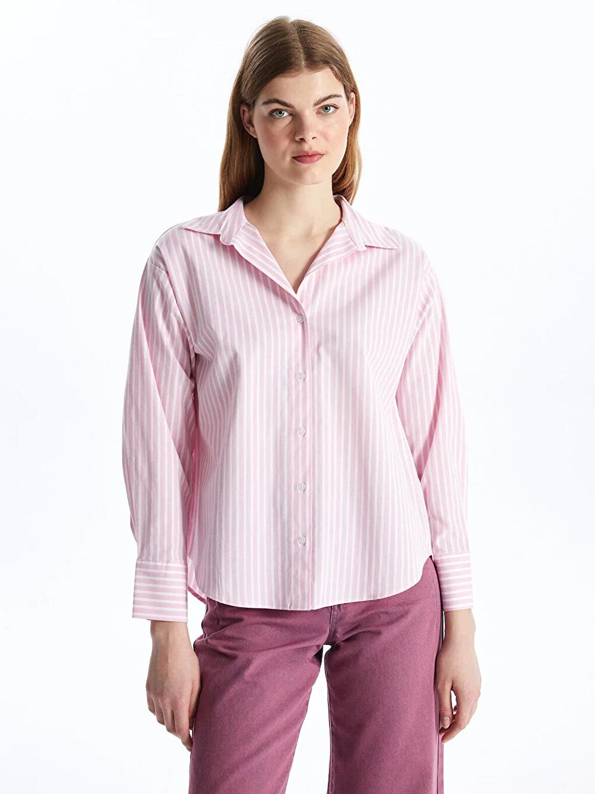 Çizgili Uzun Kollu Oversize Poplin Kadın Gömlek