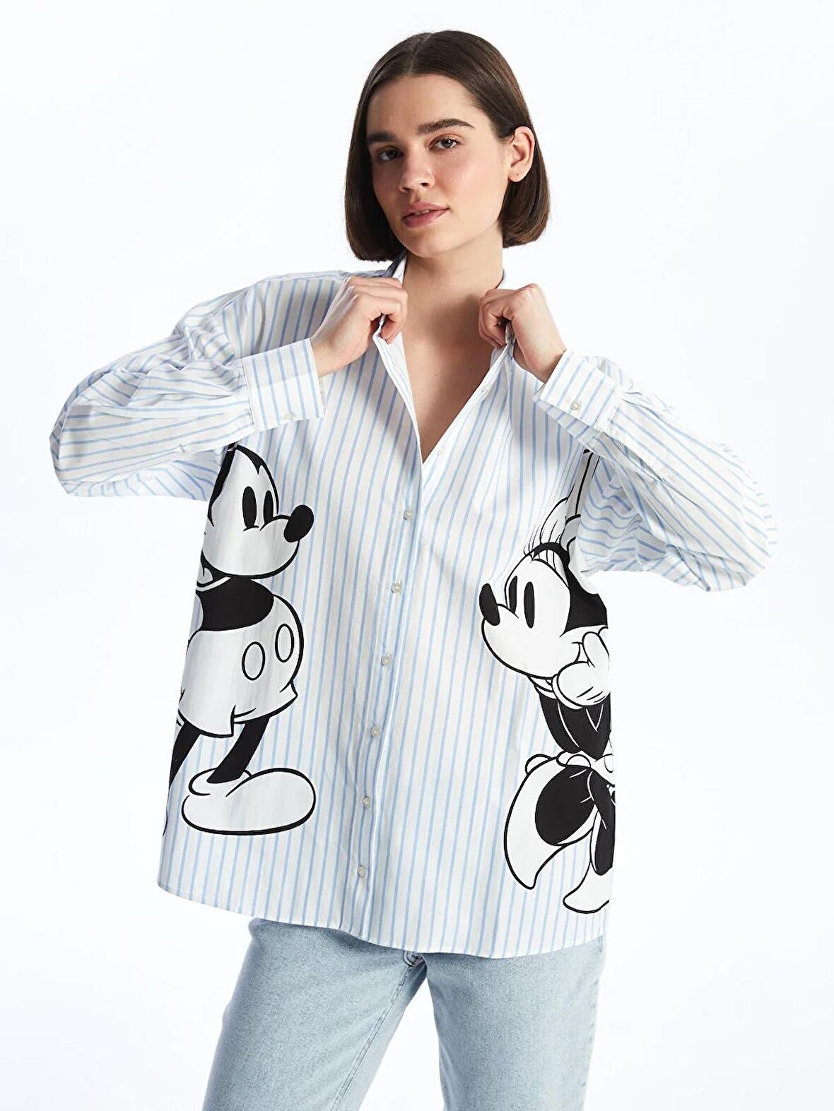 Mickey ve Minnie Mouse Baskılı Uzun Kollu Kadın Gömlek
