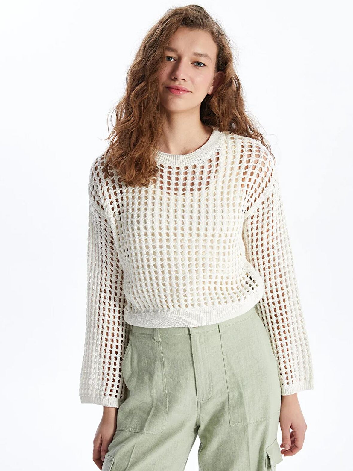 Bisiklet Yaka Ajurlu Uzun Kollu Crop Kadın Triko Kazak