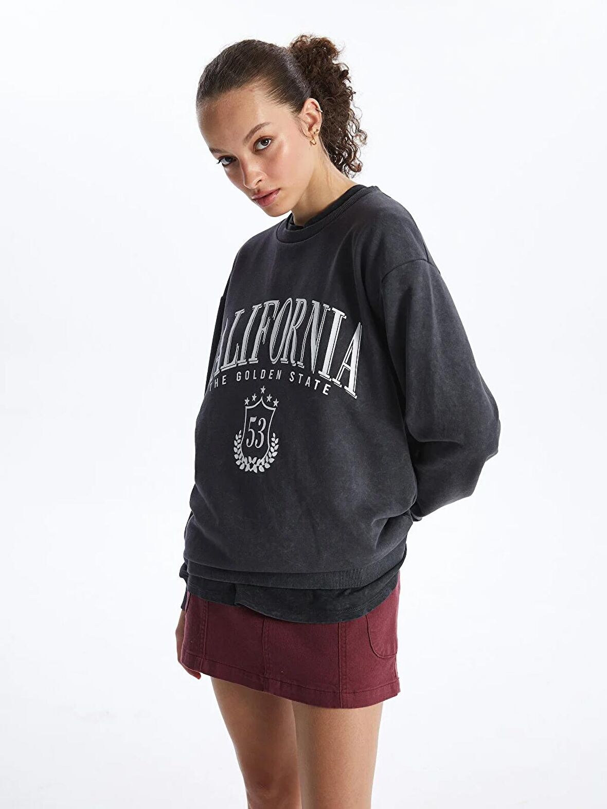 Bisiklet Yaka Baskılı Uzun Kollu Oversize Kadın Sweatshirt