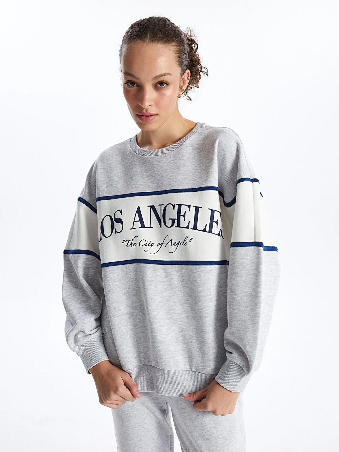 Bisiklet Yaka Baskılı Uzun Kollu Oversize Kadın Sweatshirt