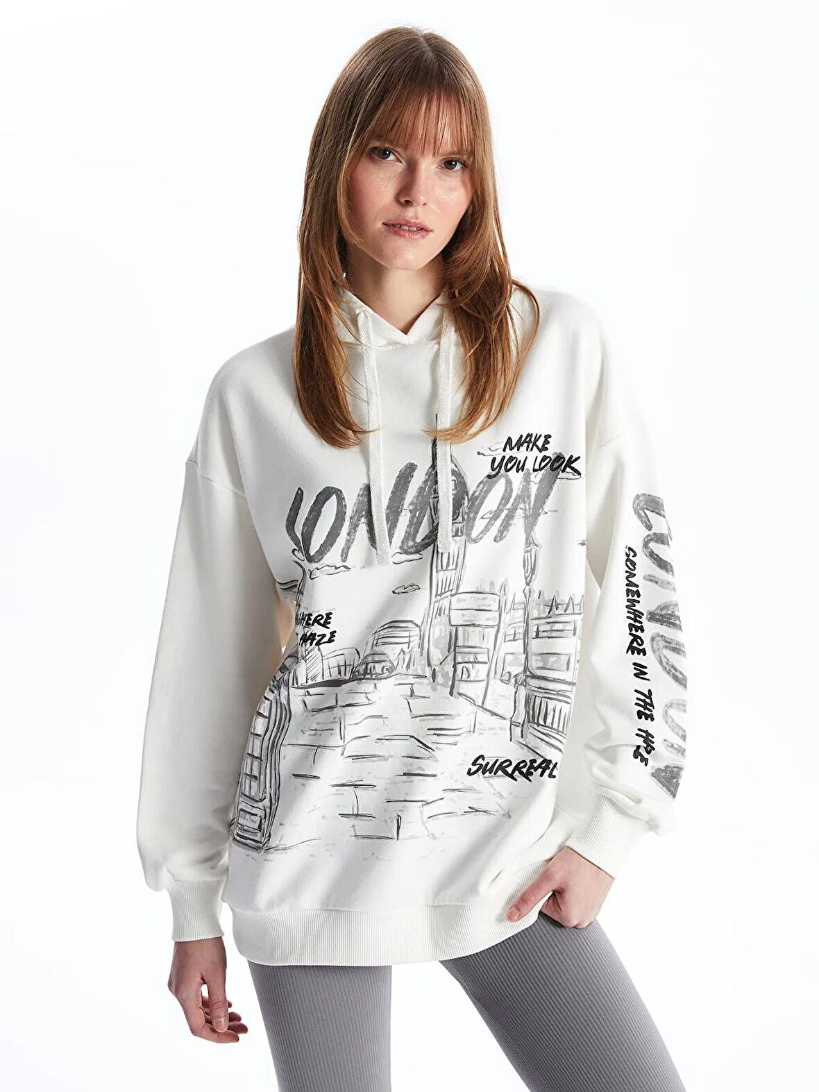 Baskılı Uzun Kollu Oversize Kadın Hoodie