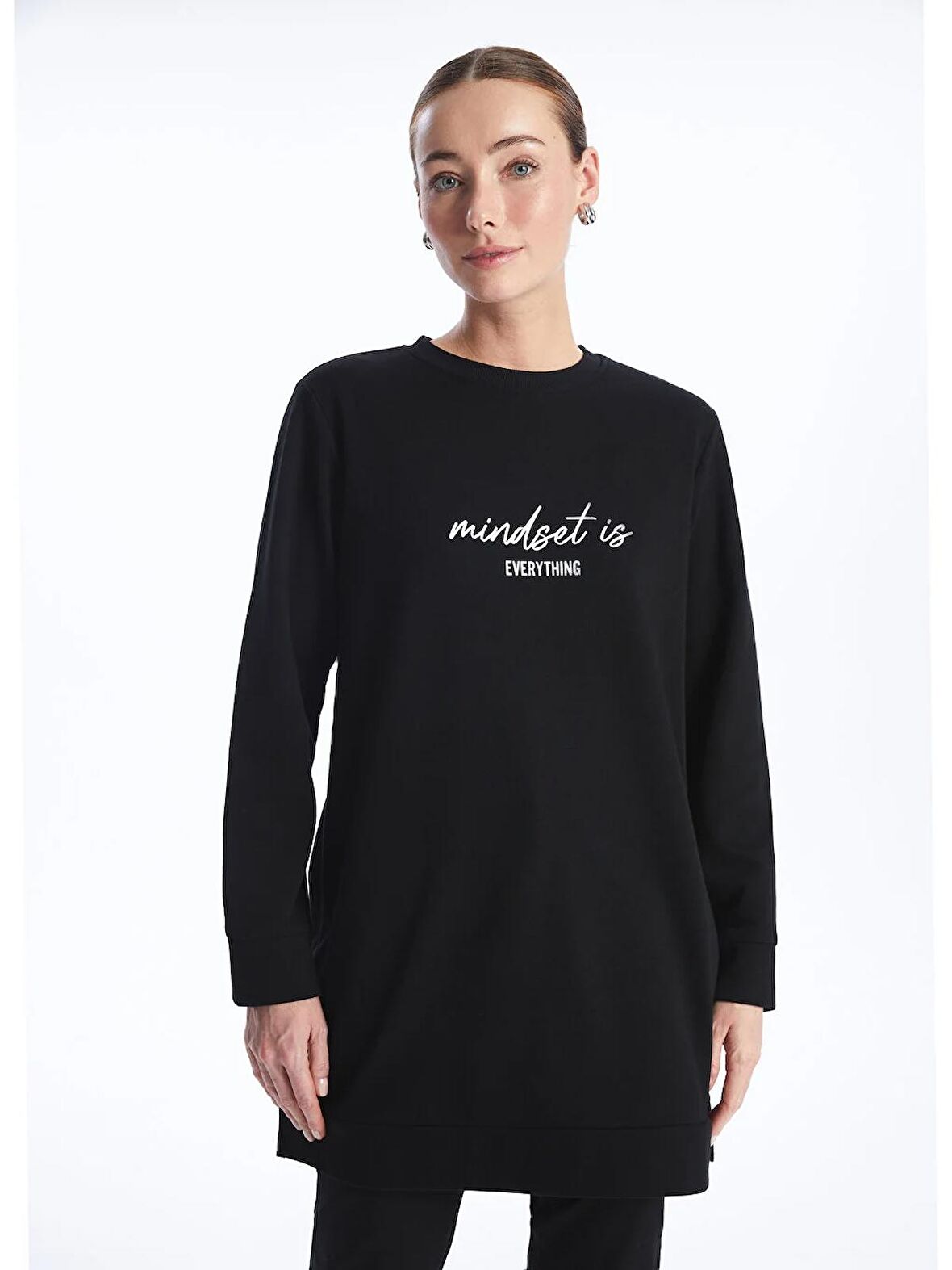 Bisiklet Yaka Baskılı Uzun Kollu Kadın Sweatshirt Tunik