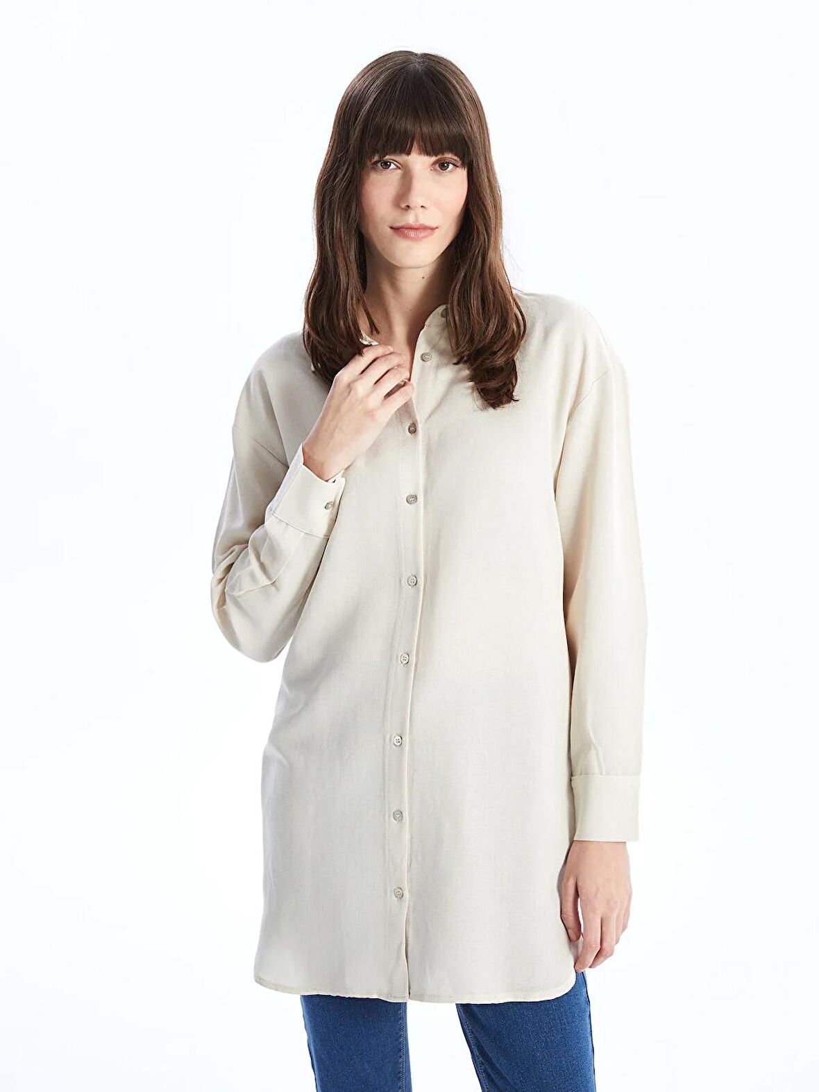 Düz Uzun Kollu Oversize Keten Karışımlı Kadın Gömlek Tunik