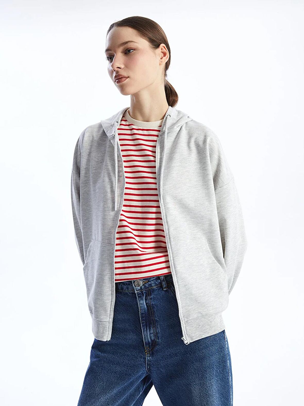 Kapüşonlu Oversize Kadın Fermuarlı Sweatshirt