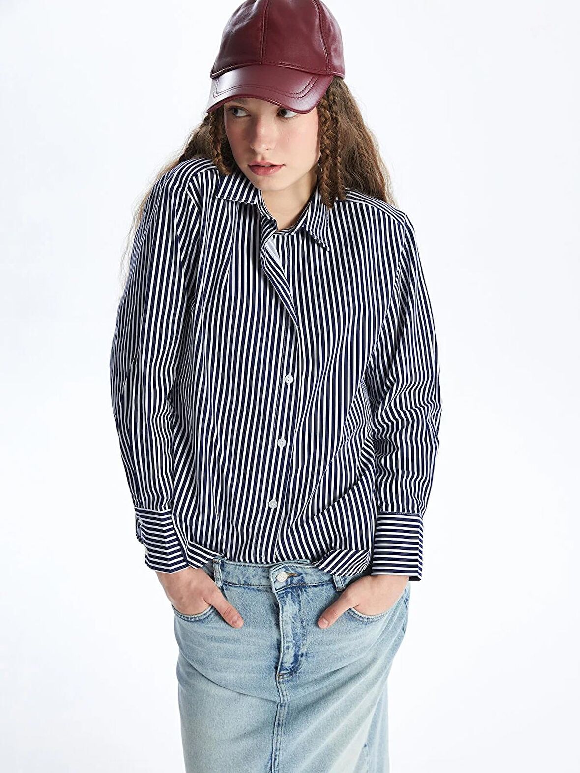 Çizgili Uzun Kollu Oversize Poplin Kadın Gömlek