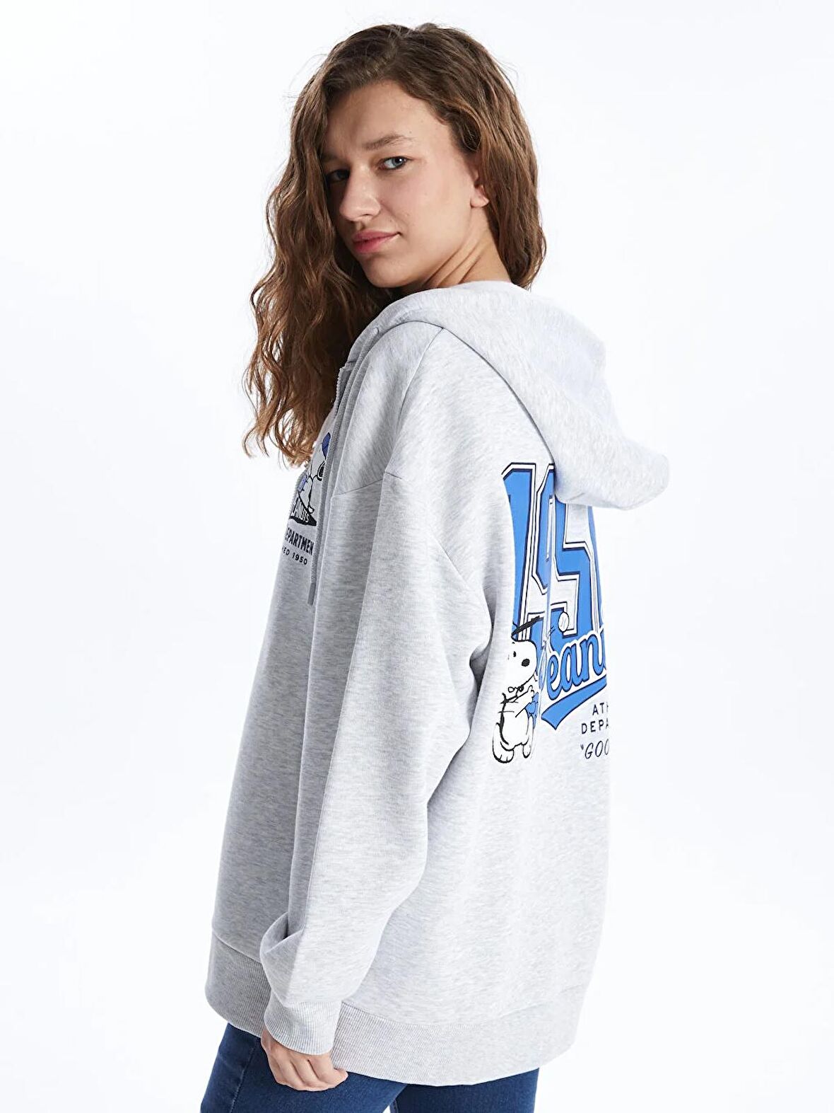 Kapüşonlu Snoopy Baskılı Uzun Kollu Oversize Kadın Fermuarlı Sweatshirt