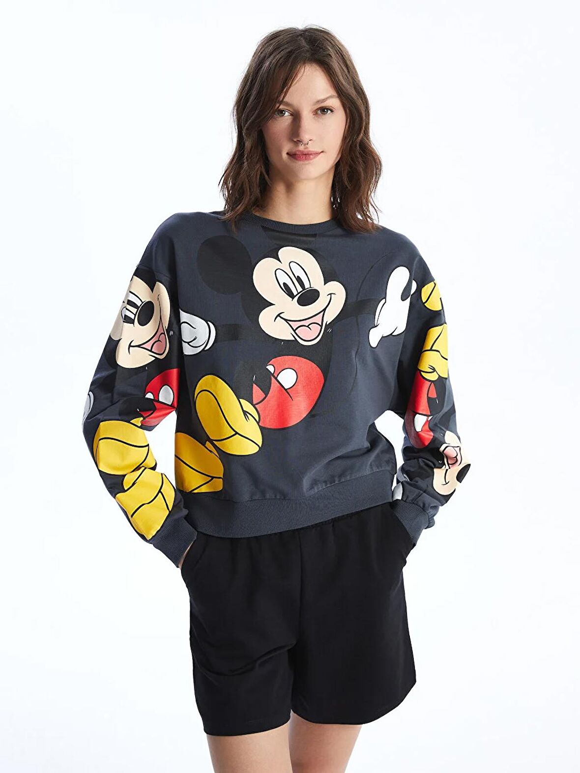 Bisiklet Yaka Mickey Mouse Baskılı Uzun Kollu Kadın Sweatshirt