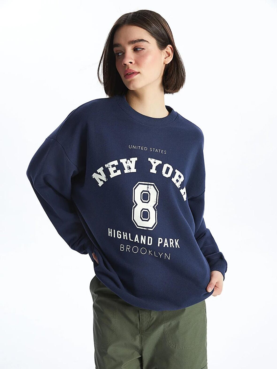 Bisiklet Yaka Baskılı Oversize Kadın Sweatshirt