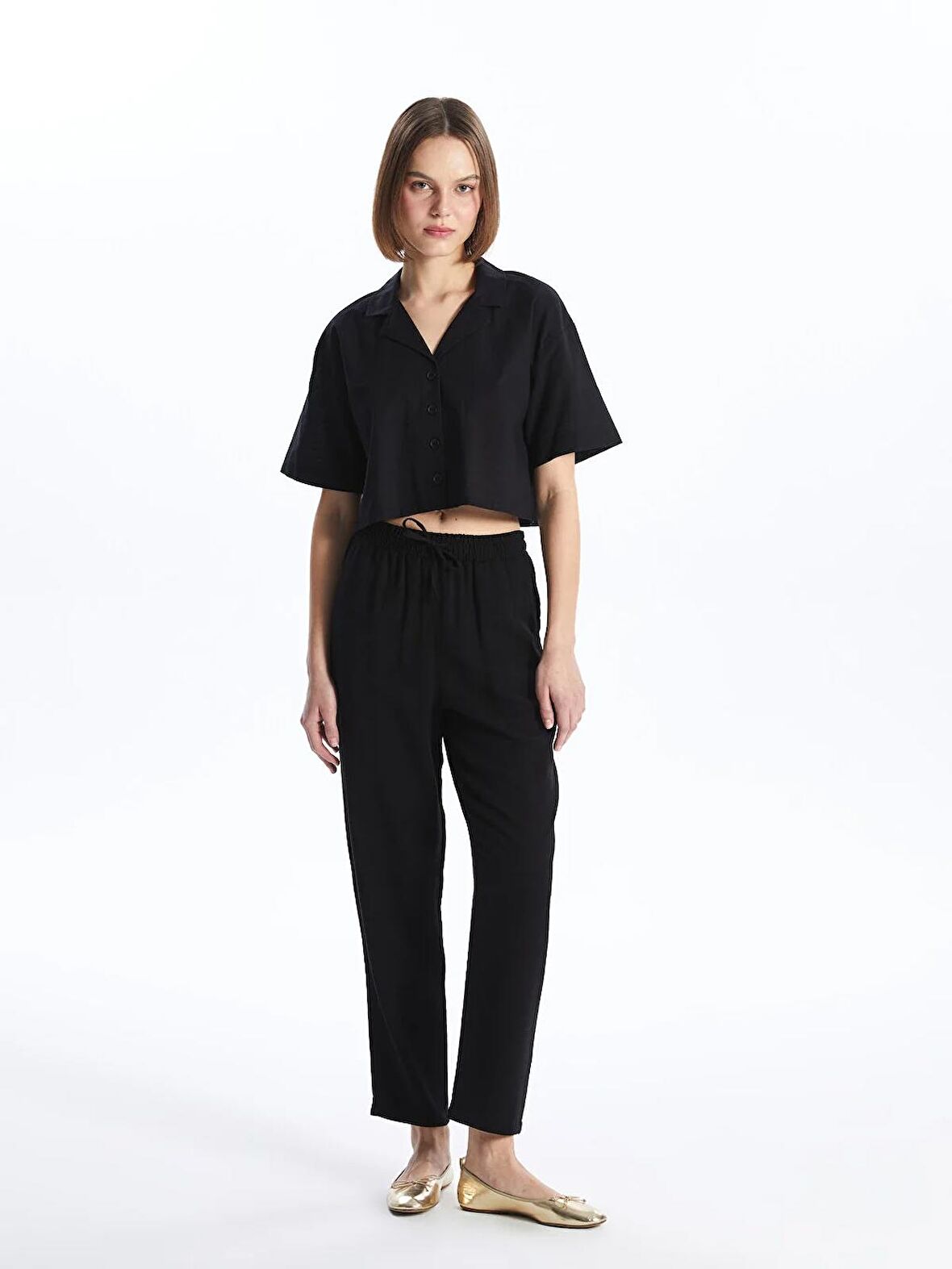 Havuç Kesim Düz Keten Karışımlı Kadın Pantolon